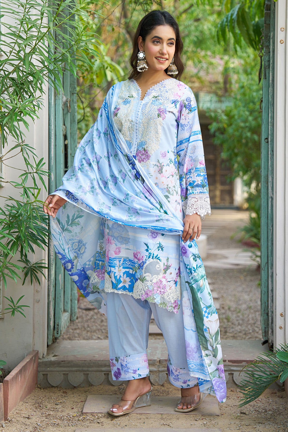 Blue cotton embroidered Farshi Suit Set With Dupatta