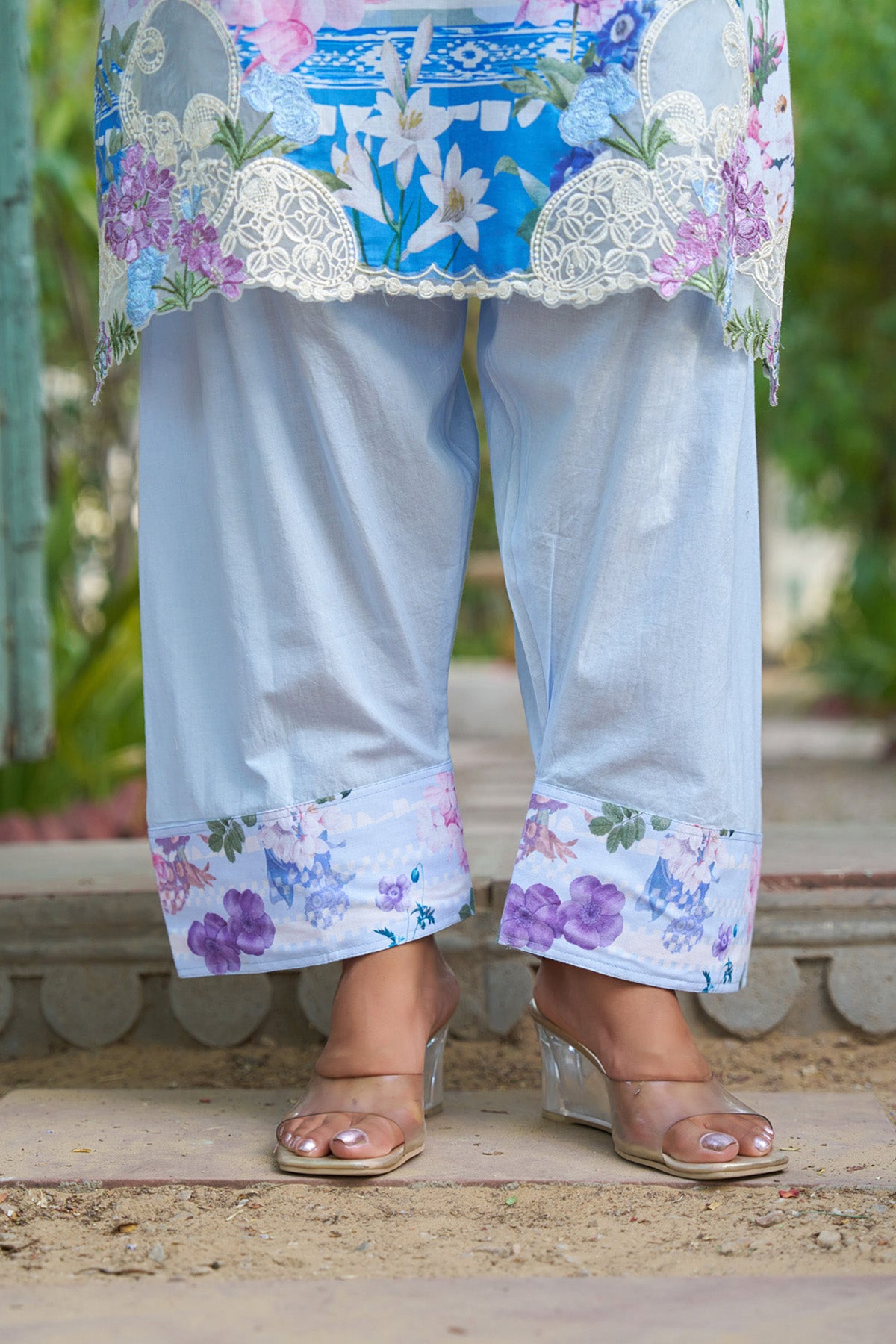 Blue cotton embroidered Farshi Suit Set With Dupatta