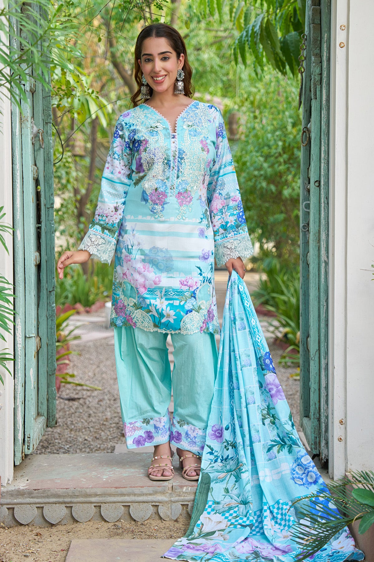 Sky Blue cotton embroidered Farshi Suit Set With Dupatta