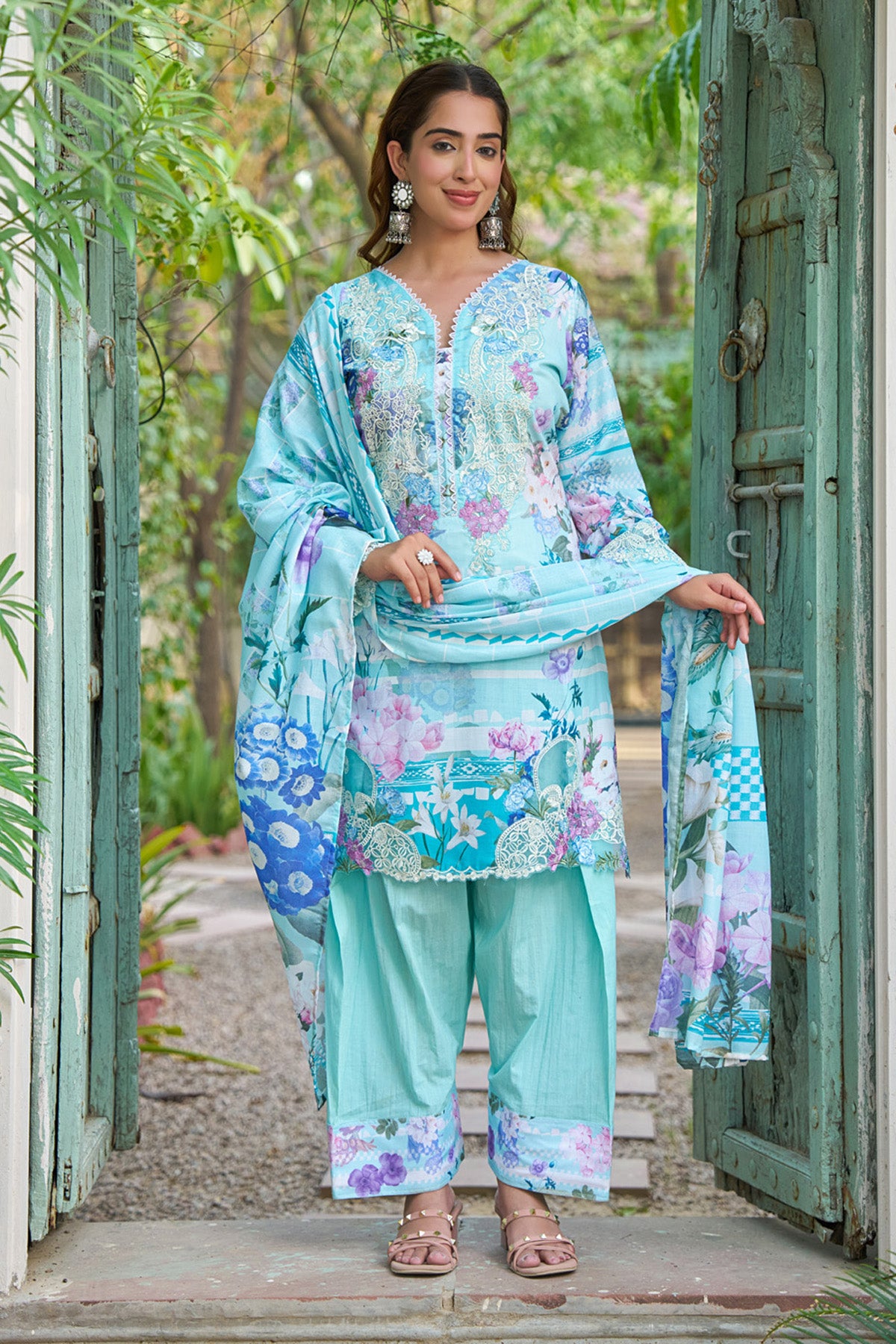 Sky Blue cotton embroidered Farshi Suit Set With Dupatta