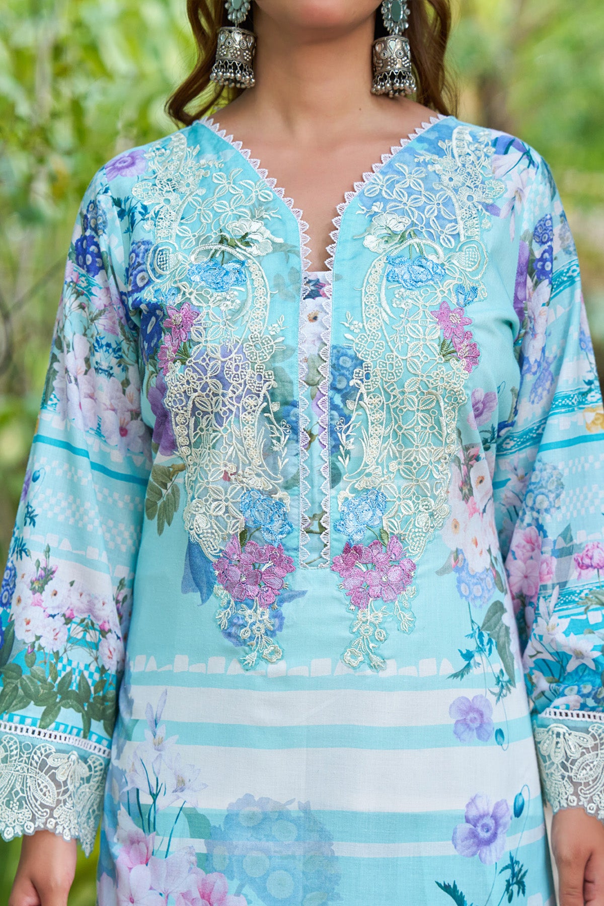 Sky Blue cotton embroidered Farshi Suit Set With Dupatta