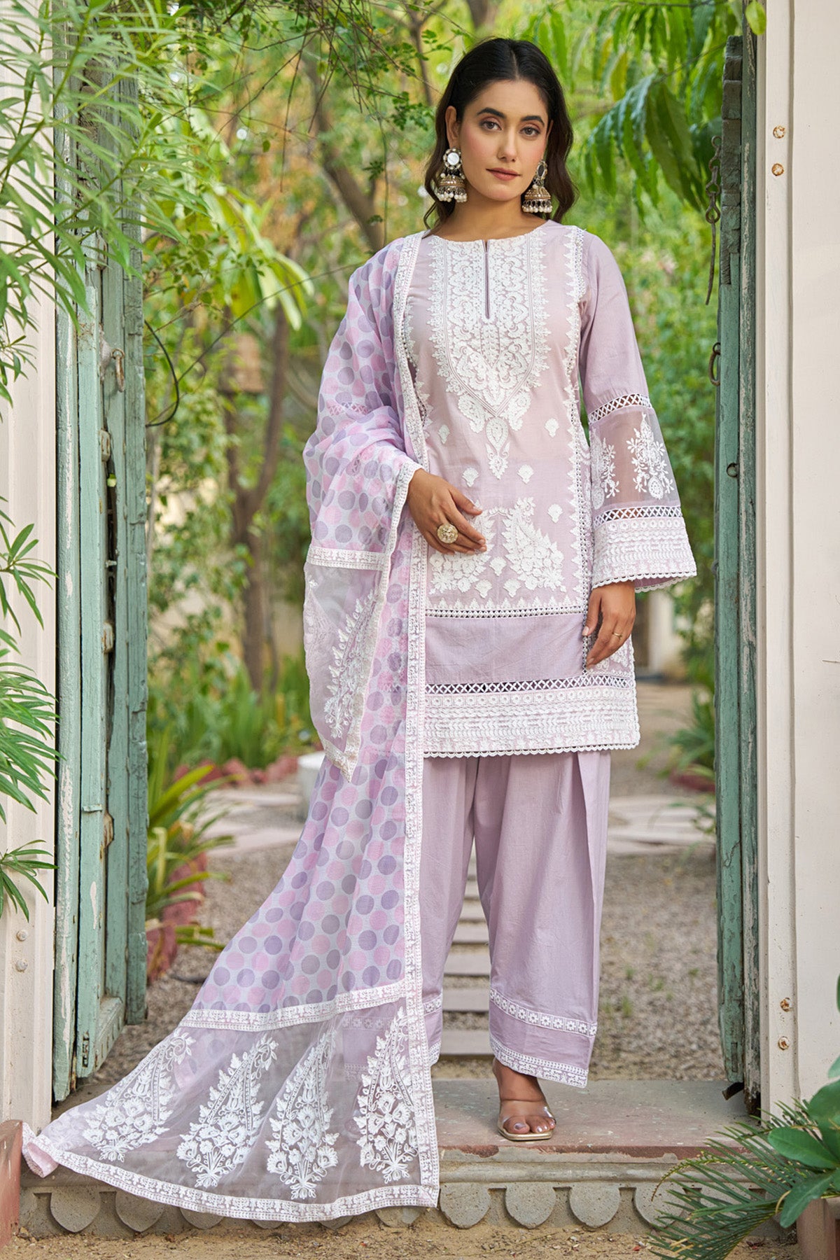 Pink cotton embroidered Farshi Suit Set With Dupatta