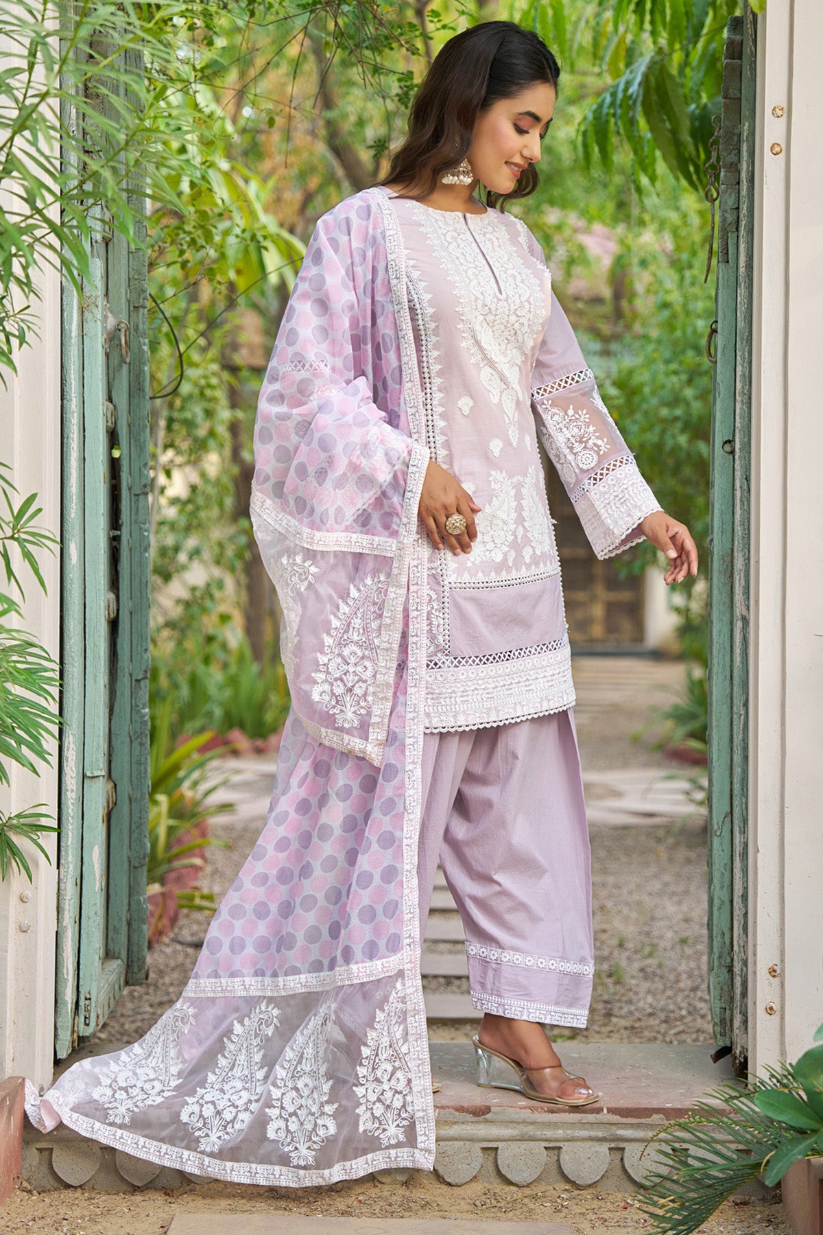 Pink cotton embroidered Farshi Suit Set With Dupatta
