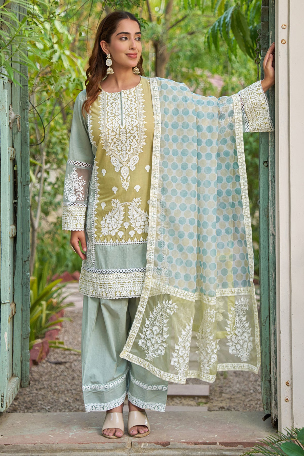 Mustard cotton embroidered Farshi Suit Set With Dupatta