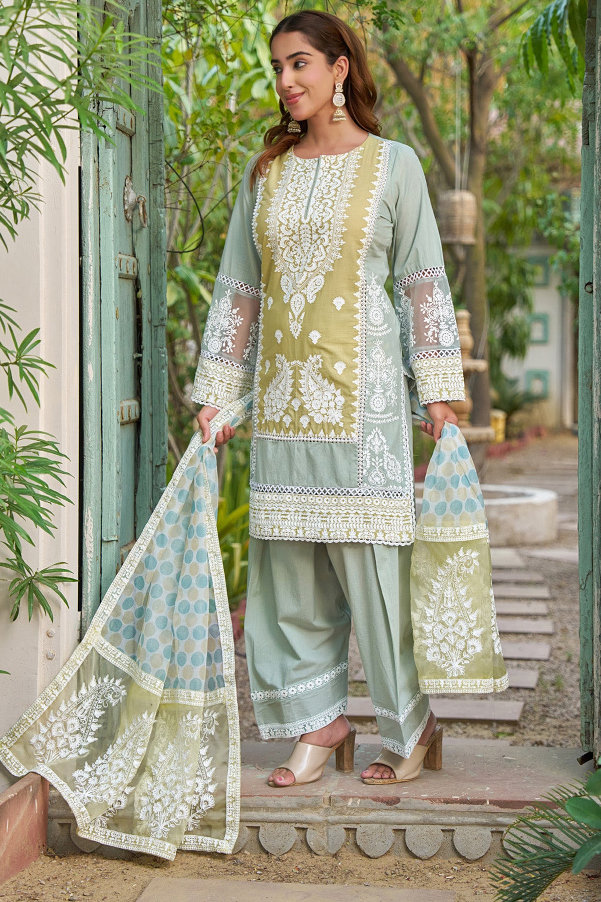 Mustard cotton embroidered Farshi Suit Set With Dupatta