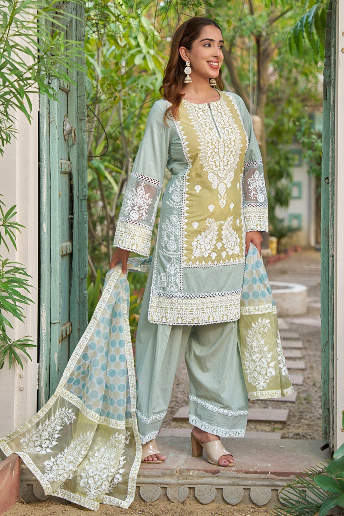 Mustard cotton embroidered Farshi Suit Set With Dupatta