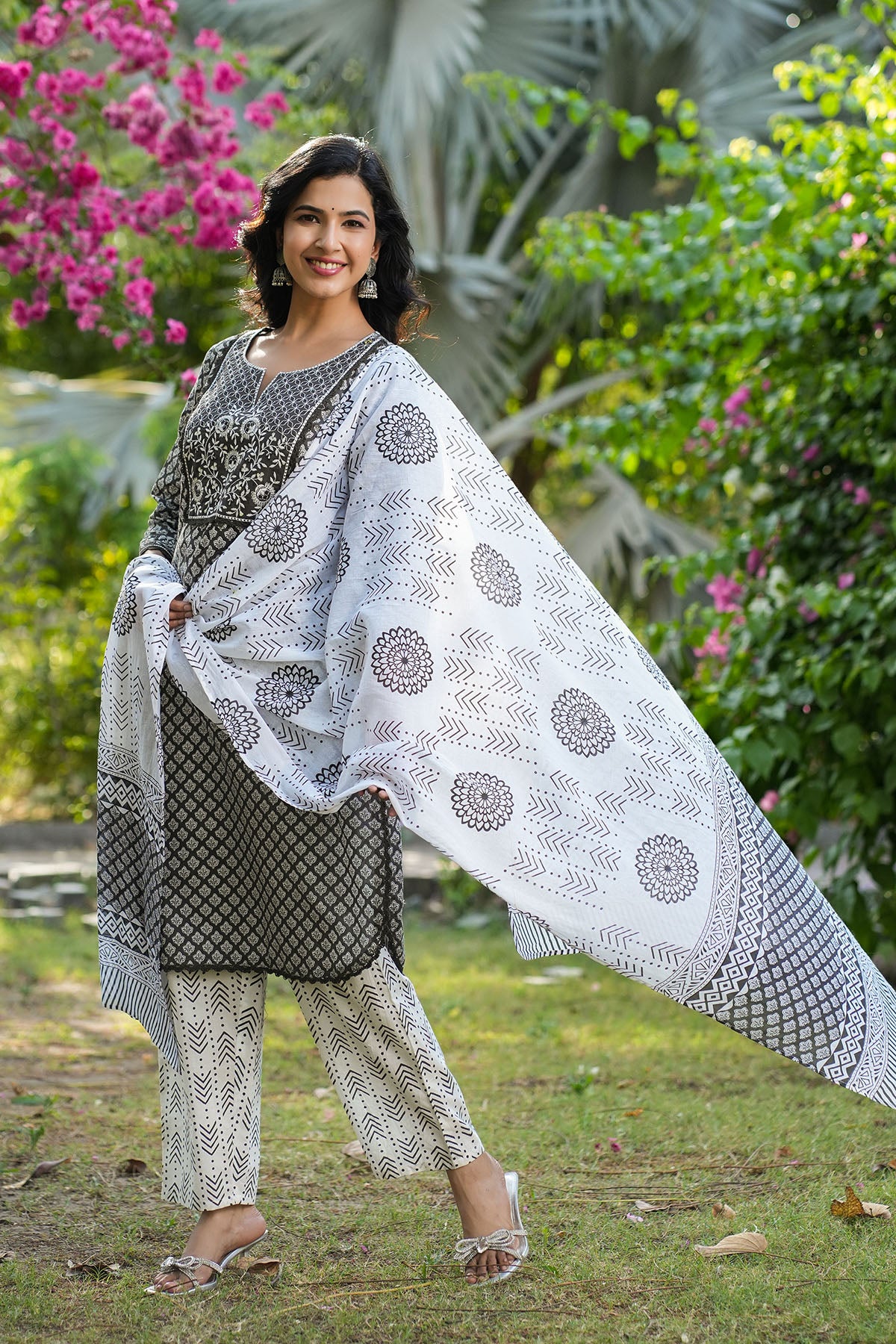Grey Cotton Embroidered Straight-Cut Suit