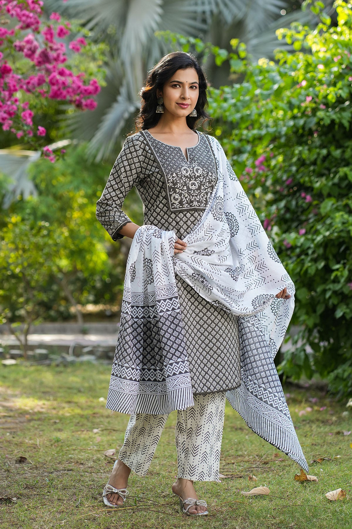 Grey Cotton Embroidered Straight-Cut Suit
