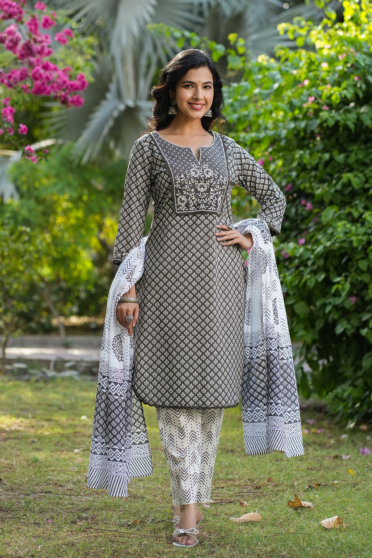 Grey Cotton Embroidered Straight-Cut Suit