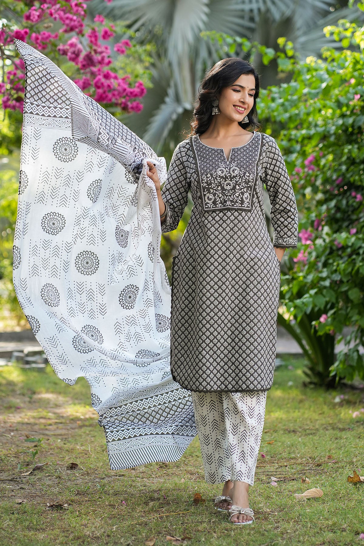 Grey Cotton Embroidered Straight-Cut Suit