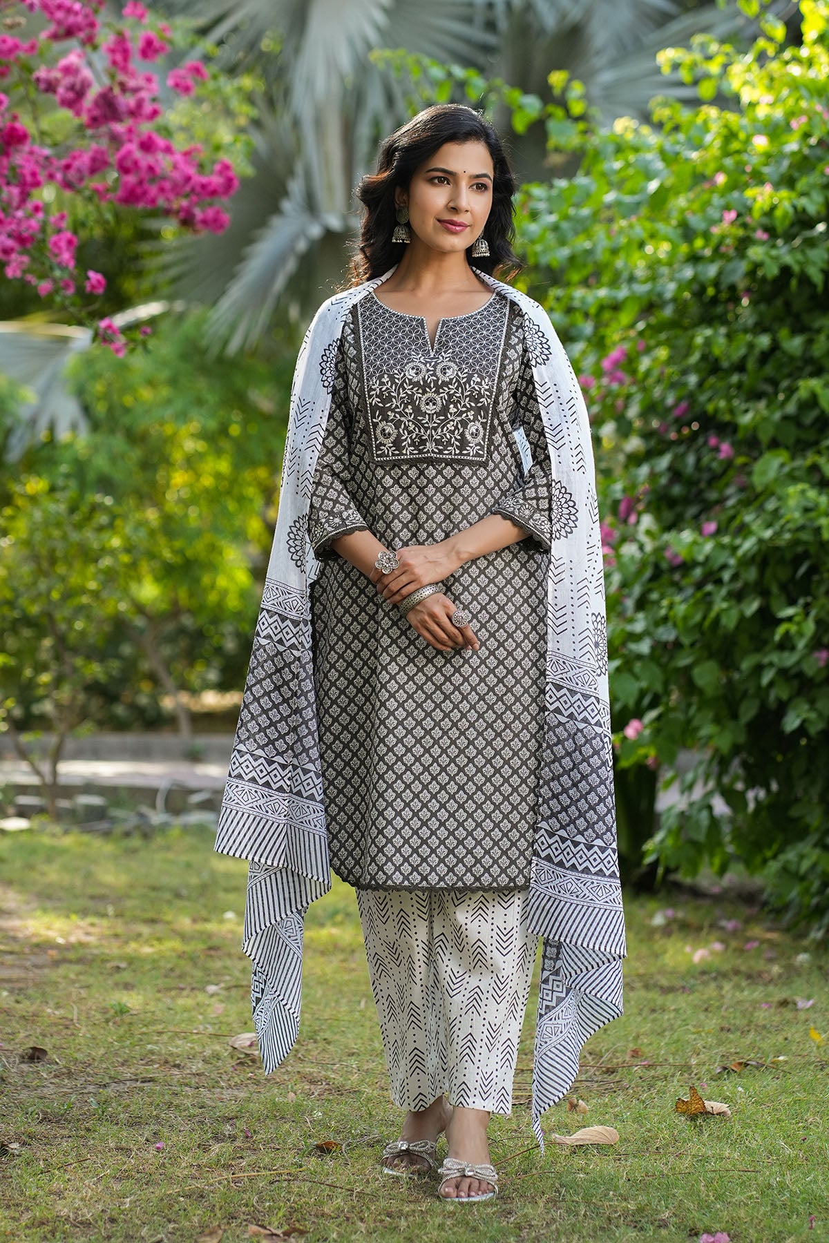 Grey Cotton Embroidered Straight-Cut Suit