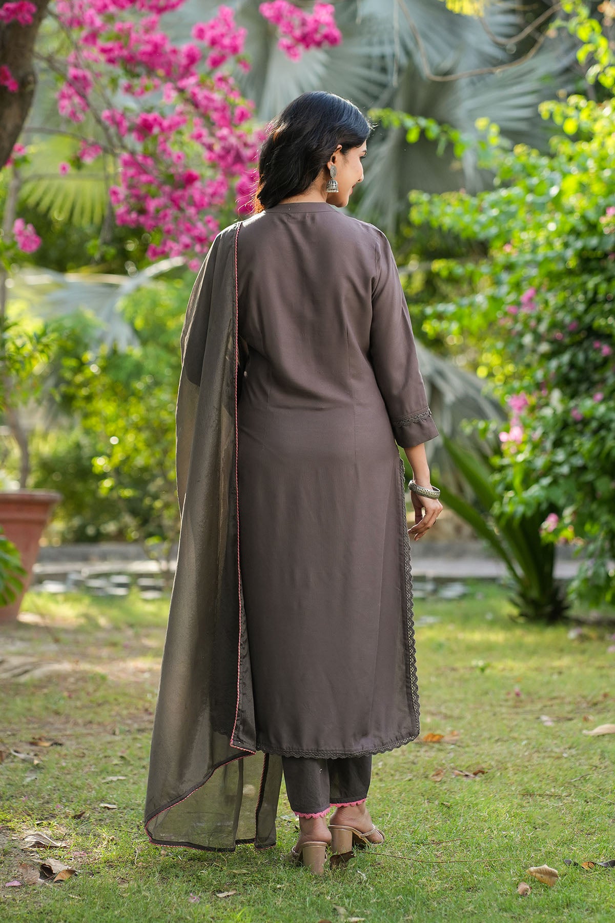 Charcoal Grey Rayon Embroidered Straight Suit