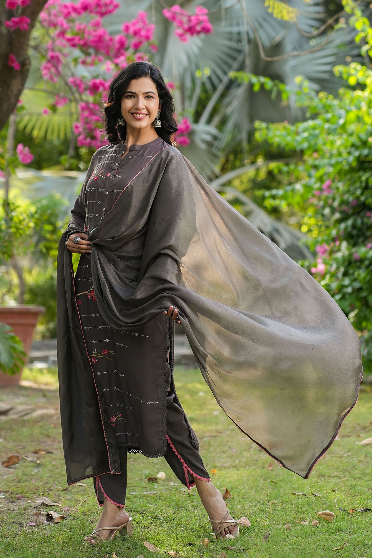 Charcoal Grey Rayon Embroidered Straight Suit