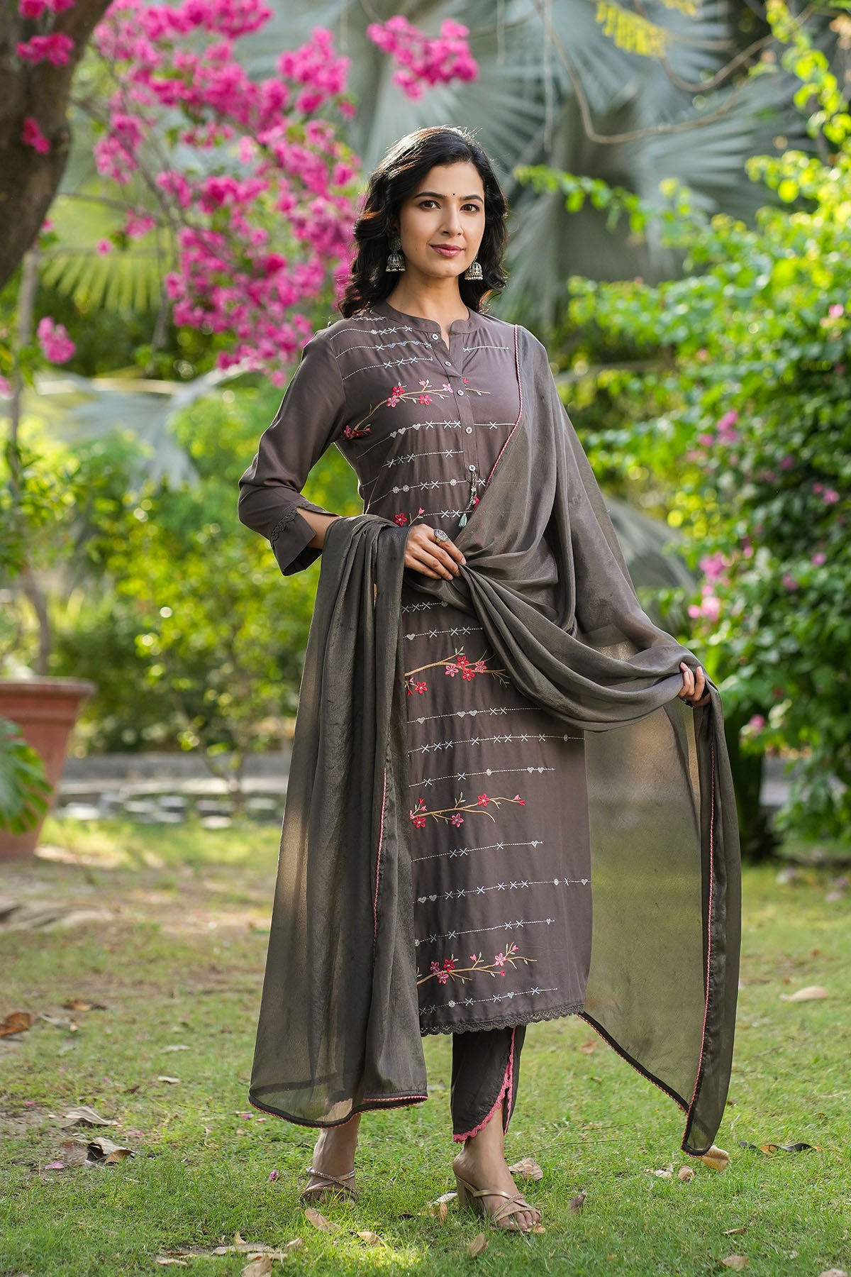 Charcoal Grey Rayon Embroidered Straight Suit