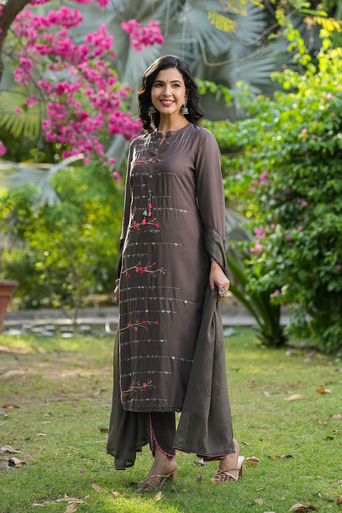 Charcoal Grey Rayon Embroidered Straight Suit