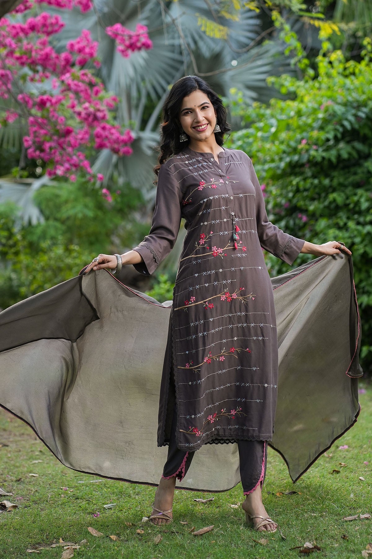 Charcoal Grey Rayon Embroidered Straight Suit