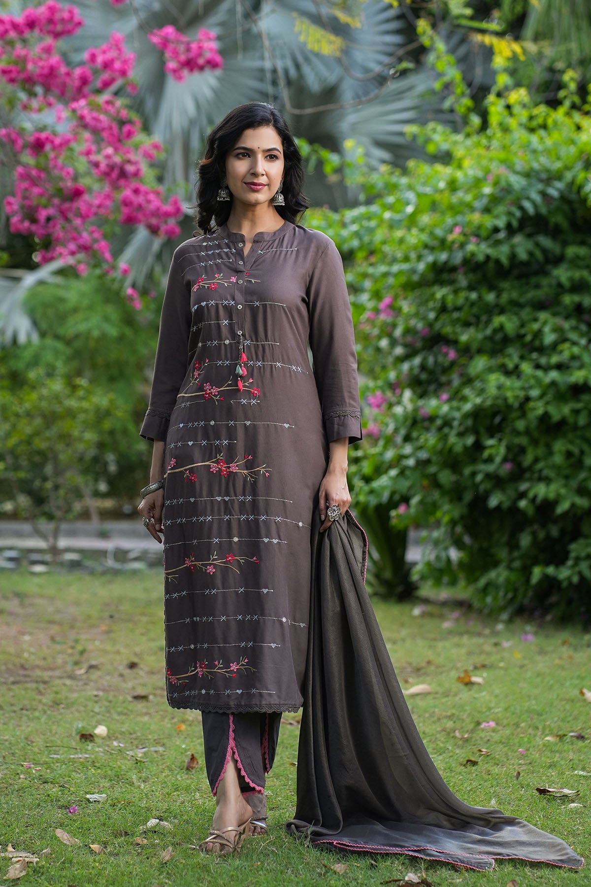 Charcoal Grey Rayon Embroidered Straight Suit
