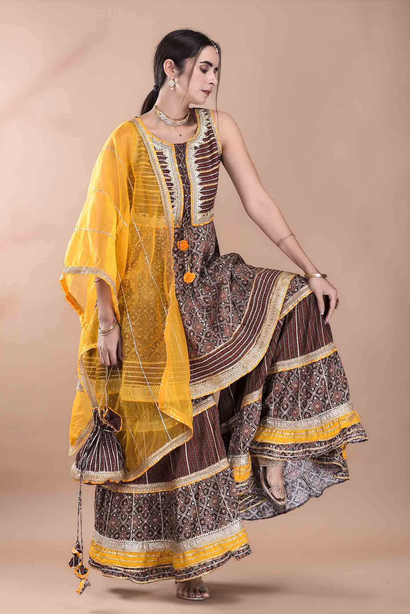 Brown Muslin Gotapatti Sharara Set With Potli Bag