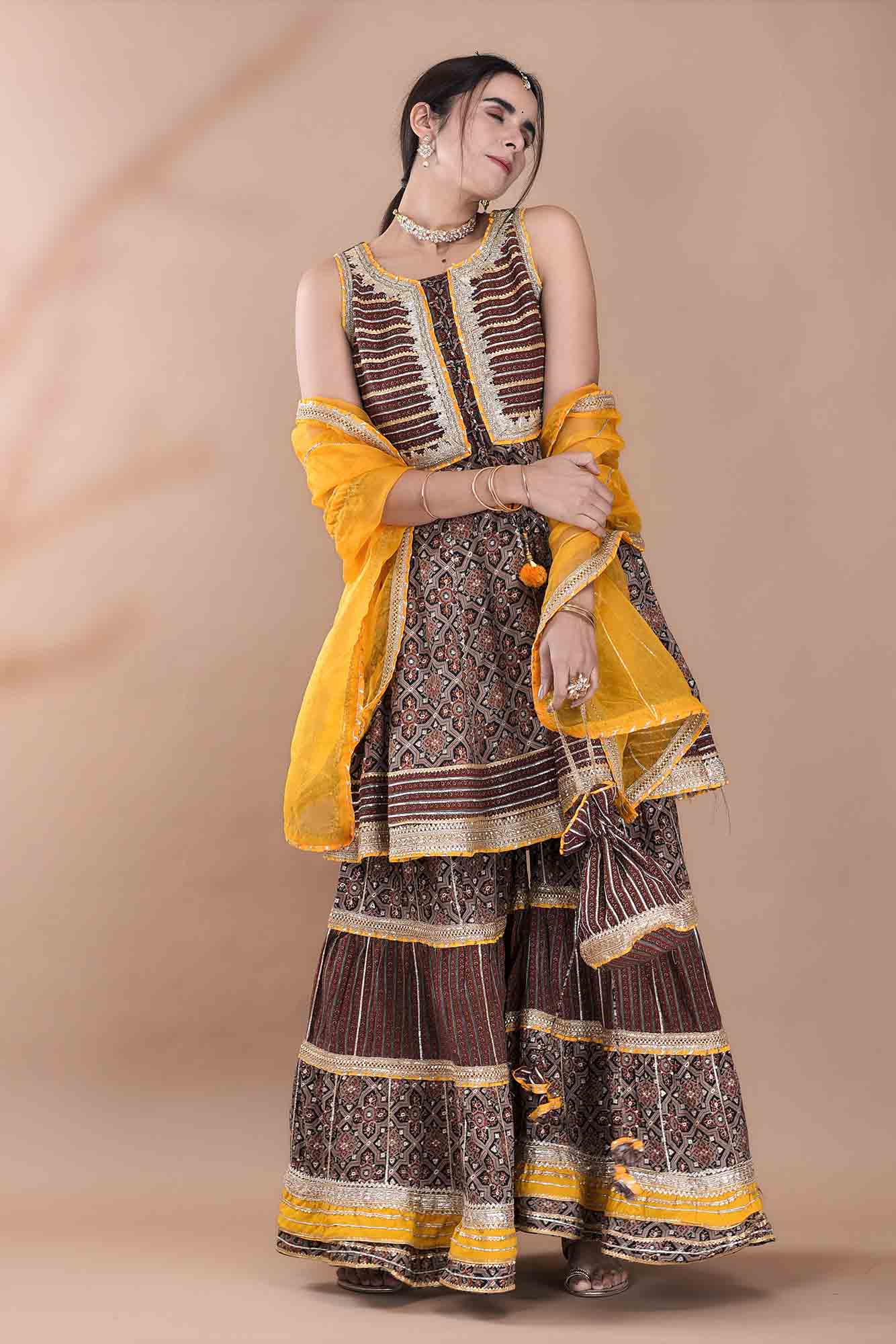 Brown Muslin Gotapatti Sharara Set With Potli Bag