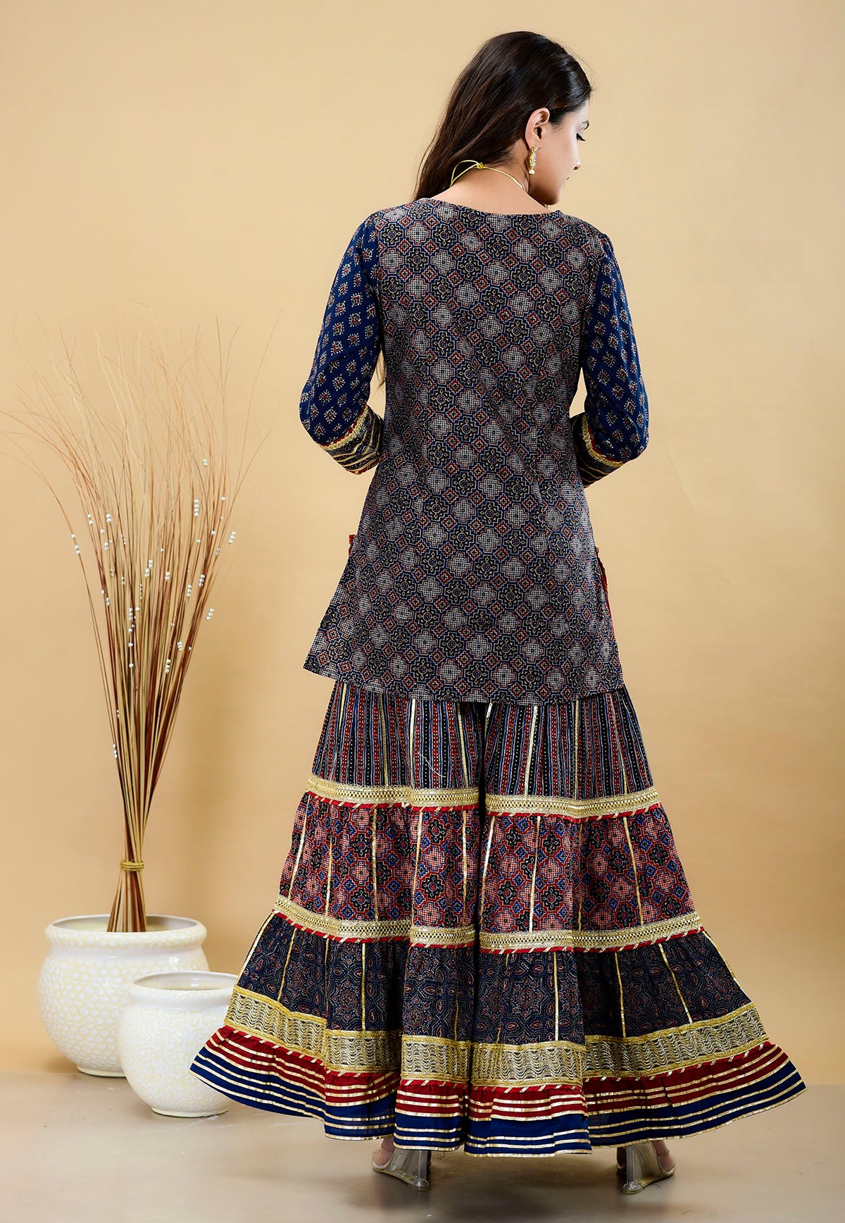 Blue Cotton Gotapatti Sharara Set With Potli Bag