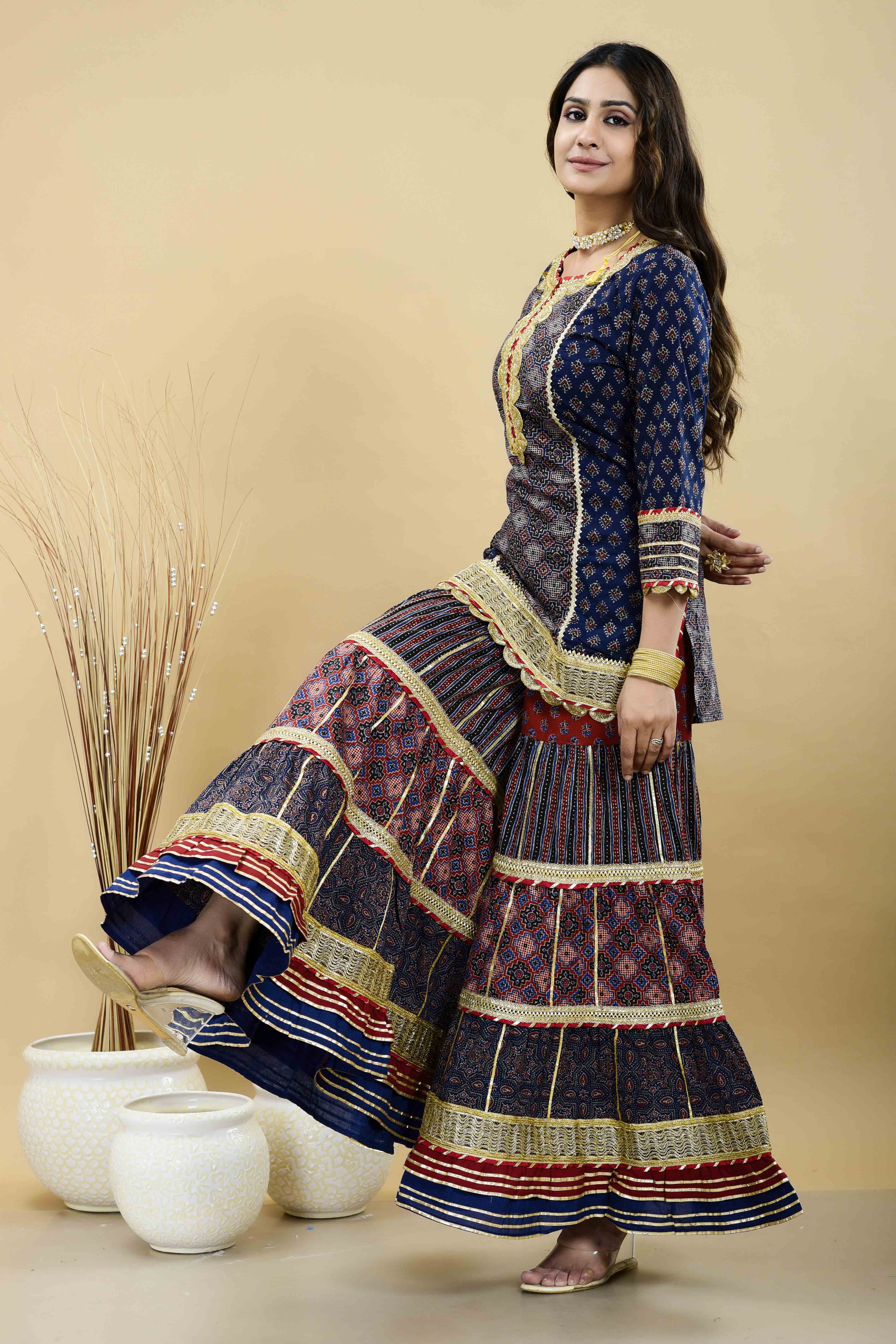 Blue Cotton Gotapatti Sharara Set With Potli Bag