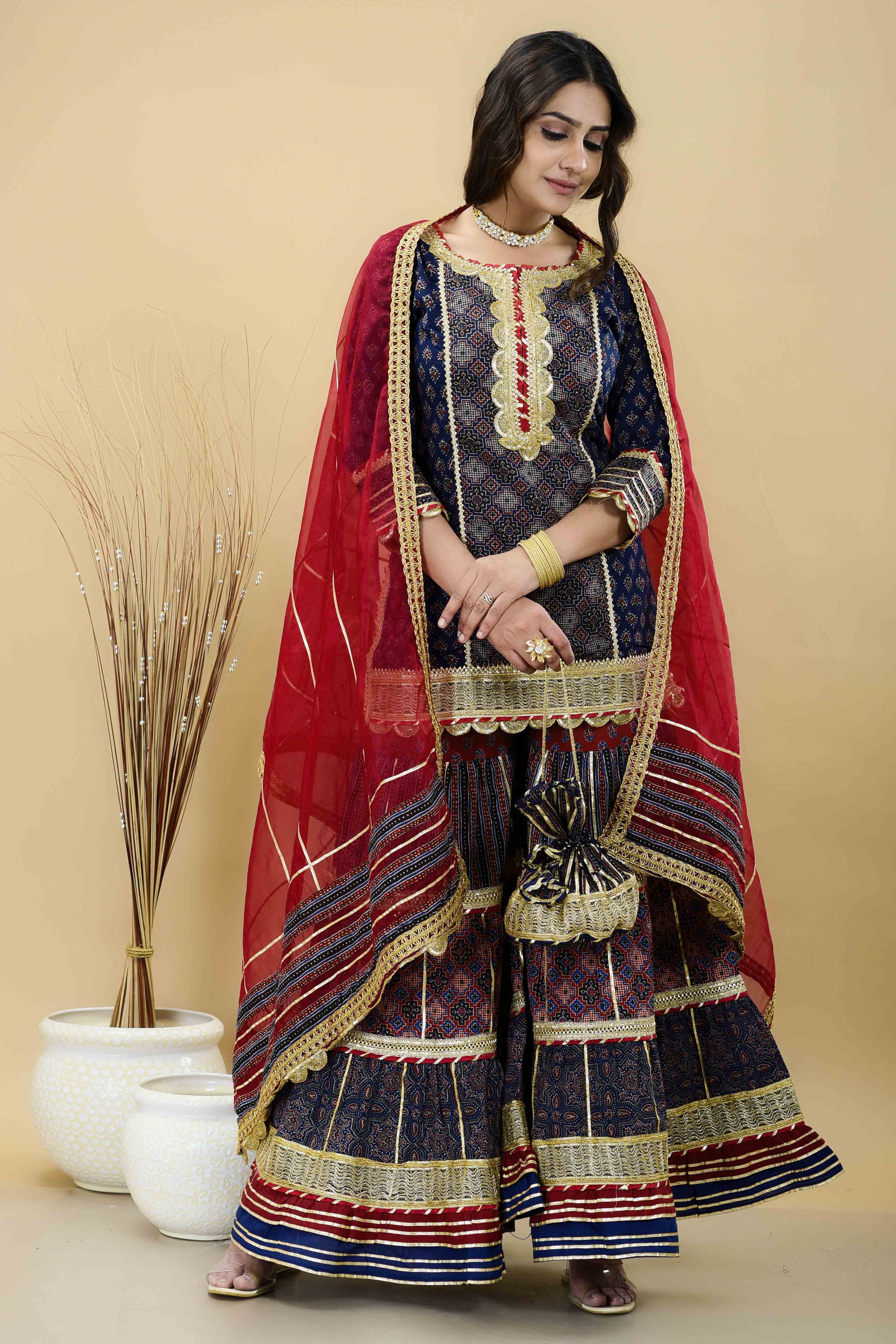 Blue Cotton Gotapatti Sharara Set With Potli Bag