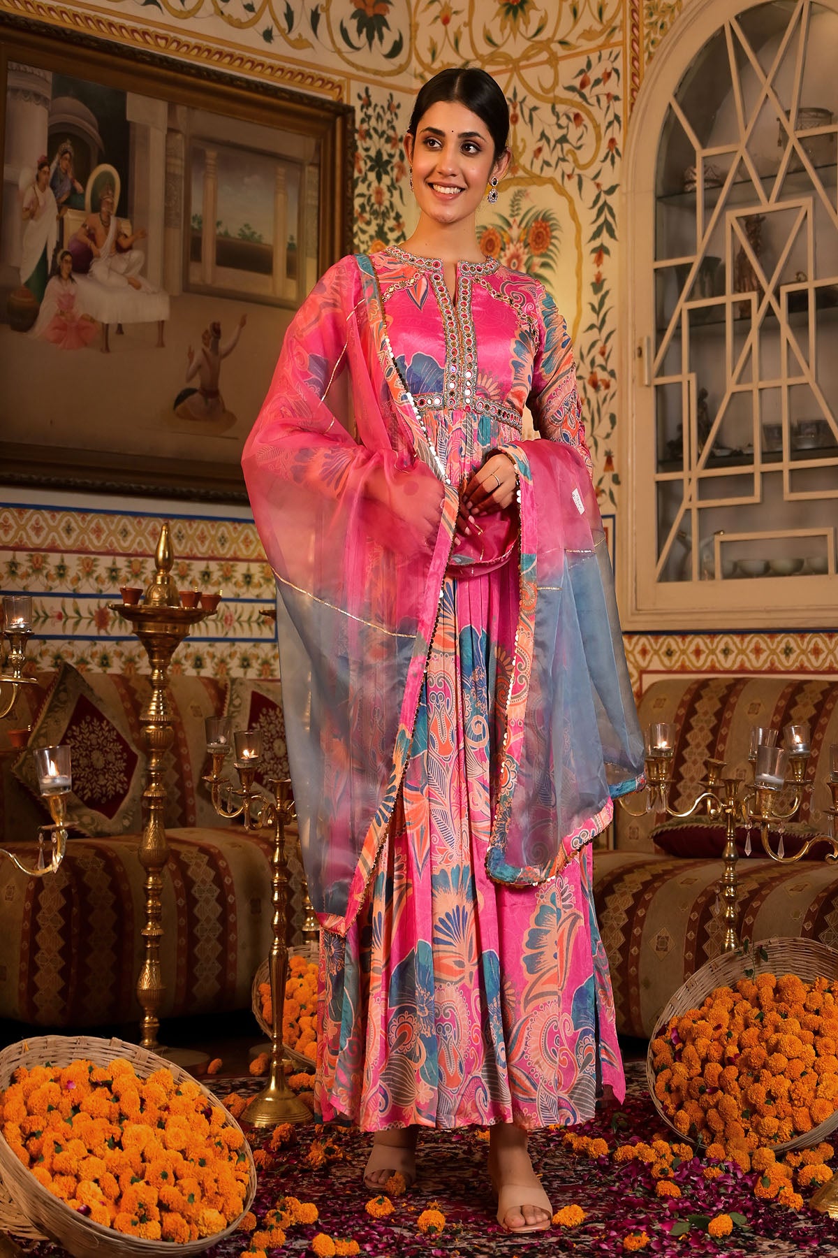 Pink Multicolour Handwork Gown Set