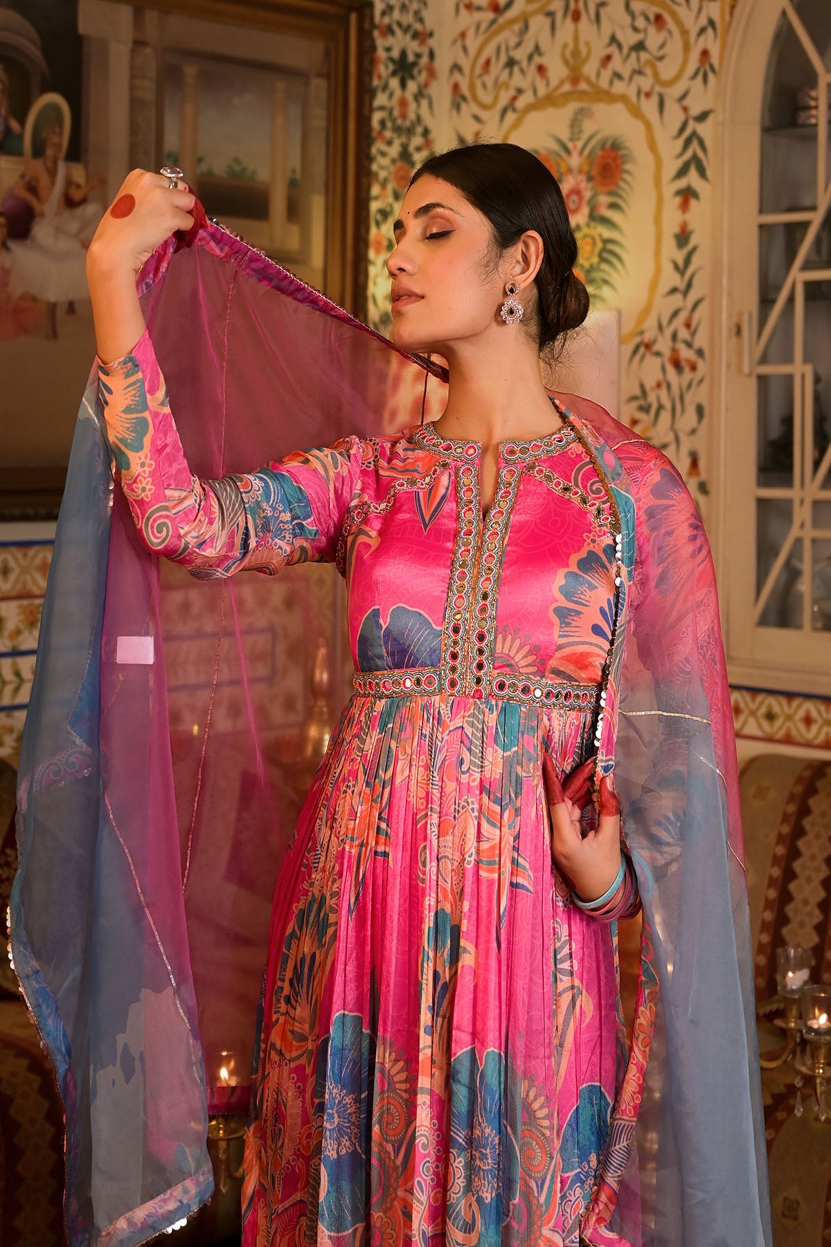 Pink Multicolour Handwork Gown Set