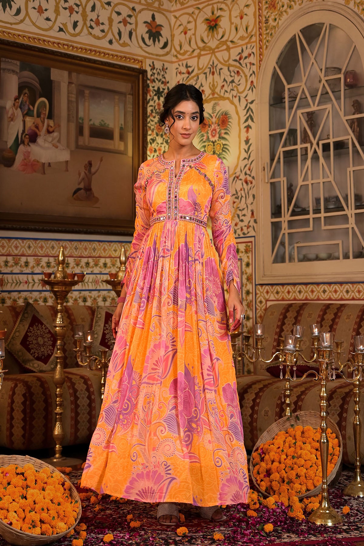 Orange Multicolour Chinon Handwork Gown Set