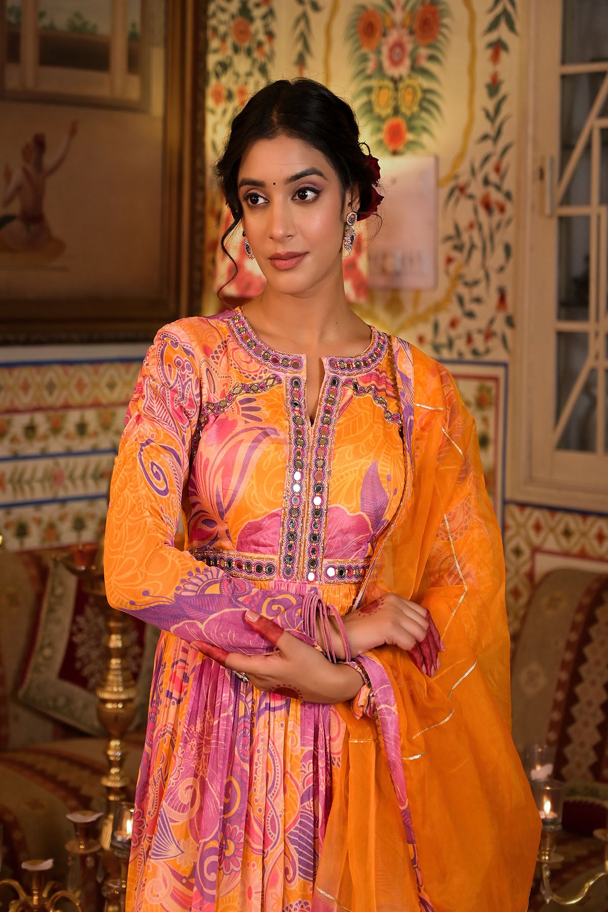 Orange Multicolour Chinon Handwork Gown Set