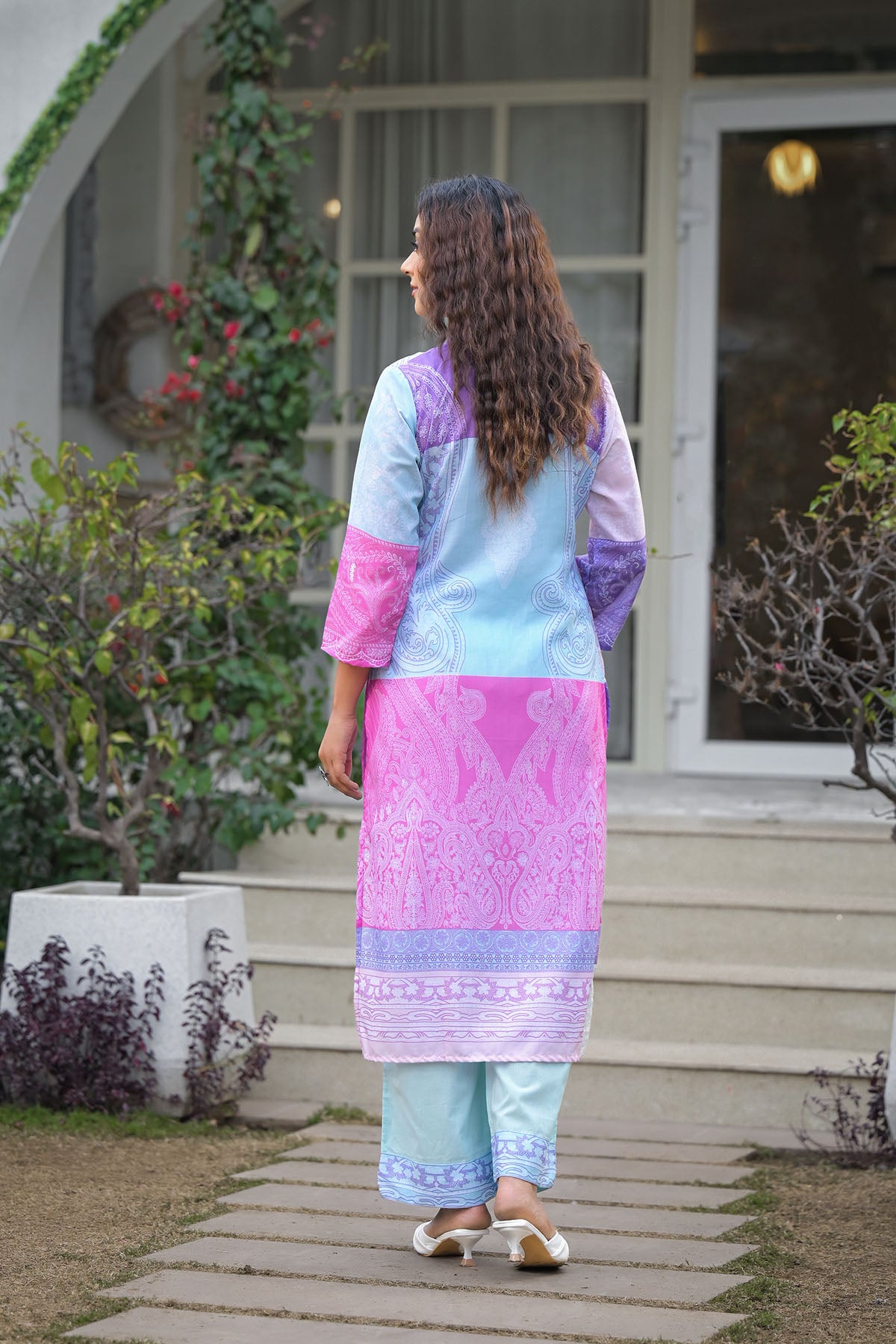 Blue Multicolor Cotton Embroidered Straight Suit