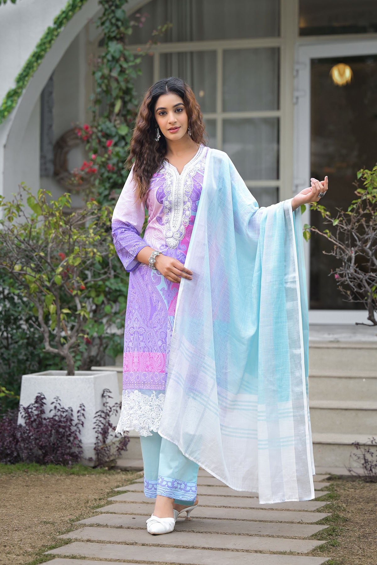 Blue Multicolor Cotton Embroidered Straight Suit