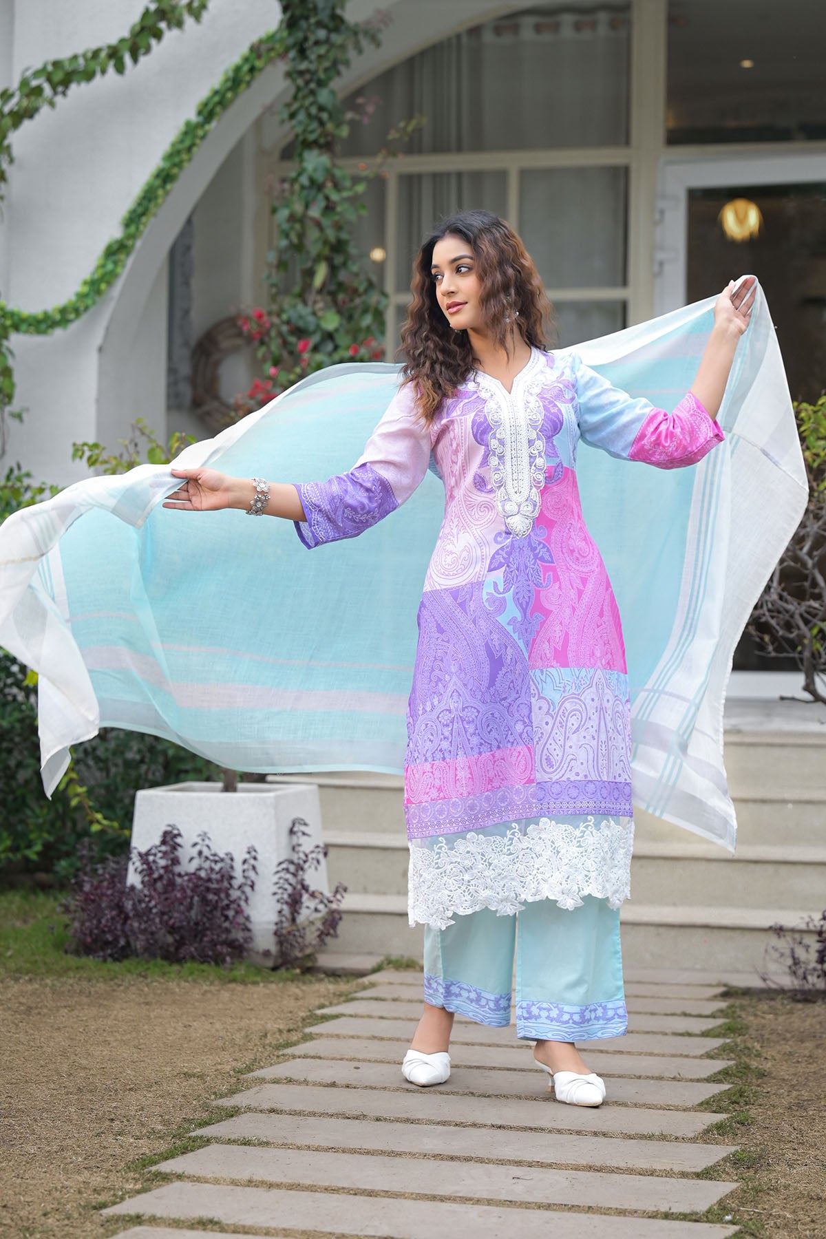 Blue Multicolor Cotton Embroidered Straight Suit