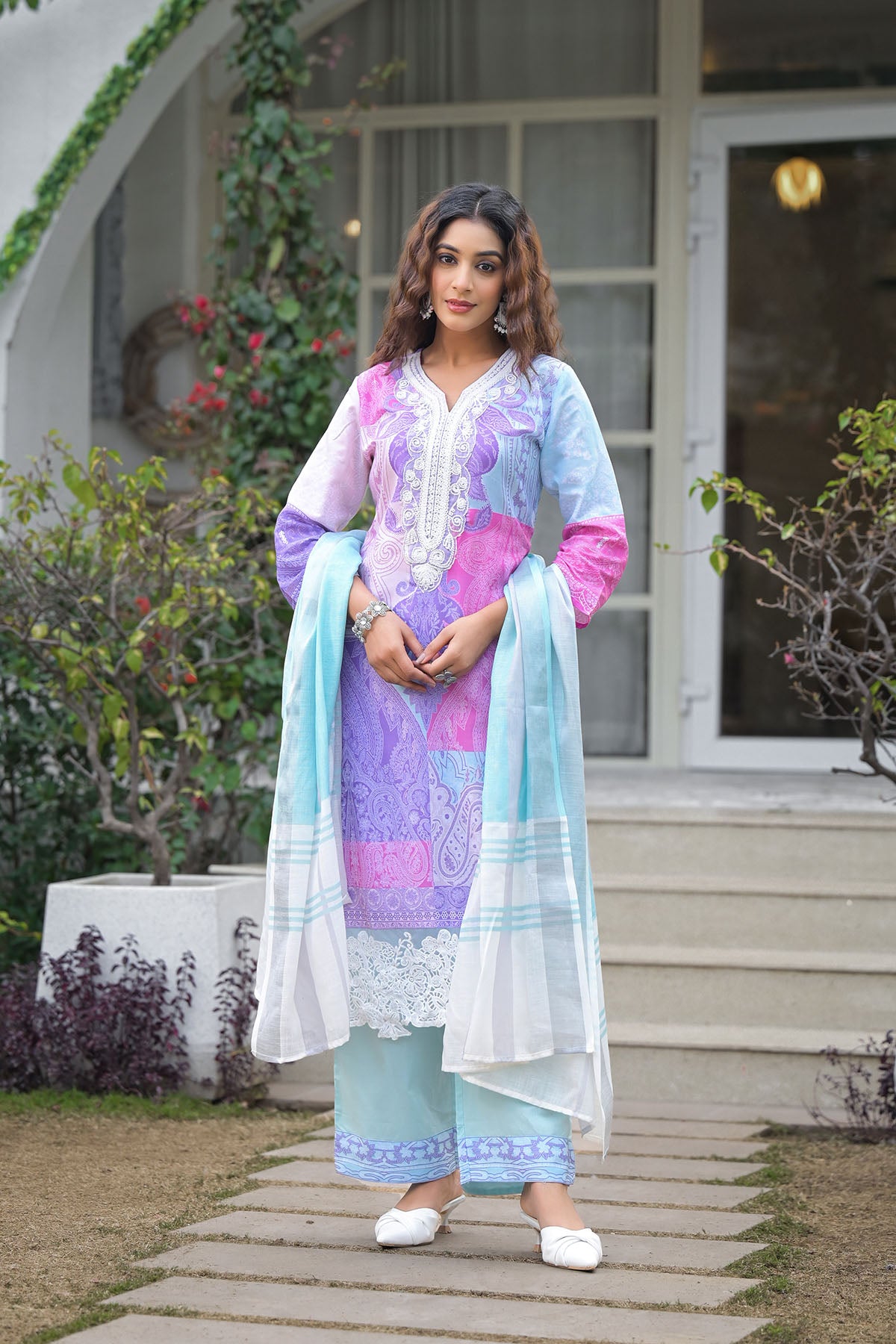 Blue Multicolor Cotton Embroidered Straight Suit