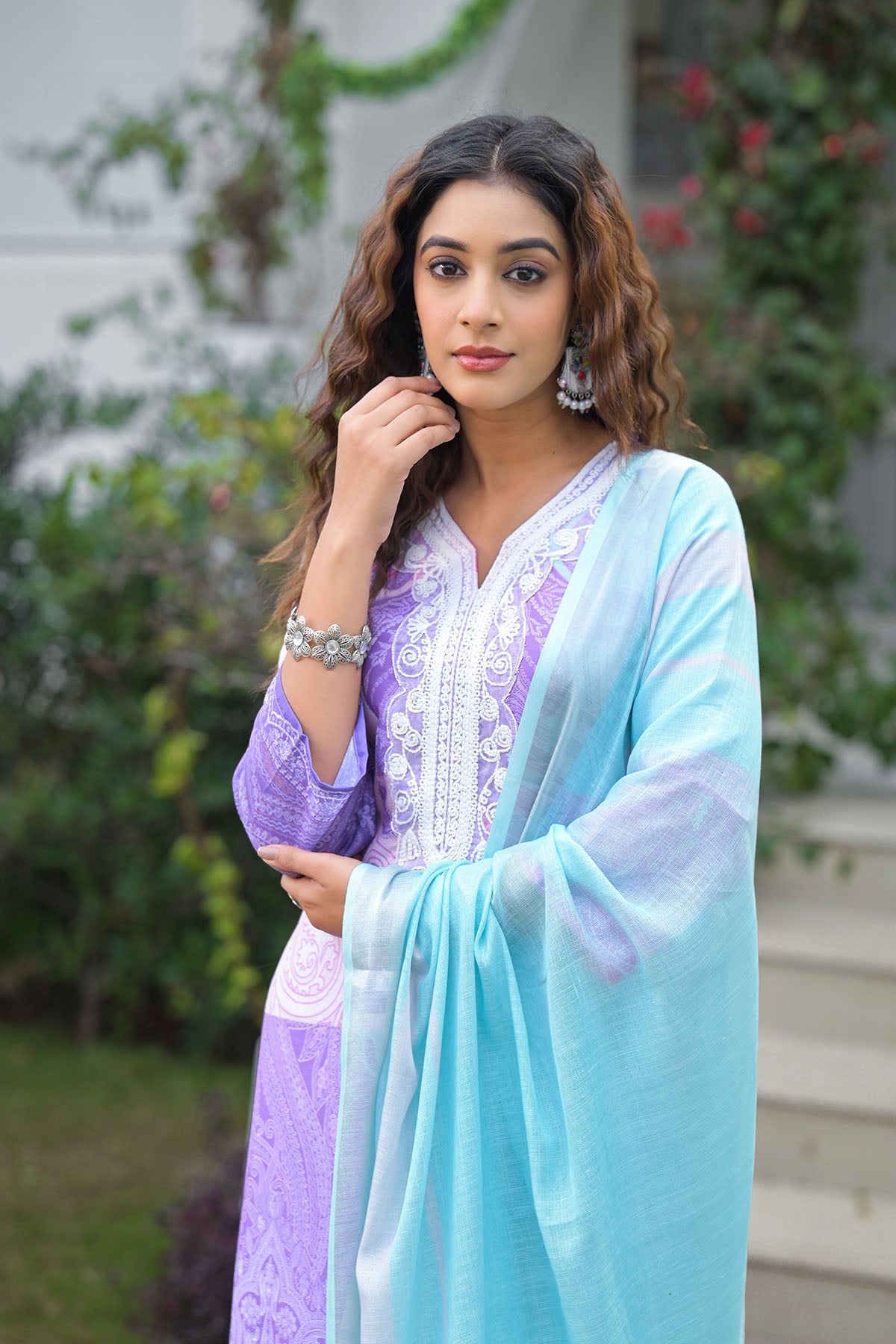 Blue Multicolor Cotton Embroidered Straight Suit