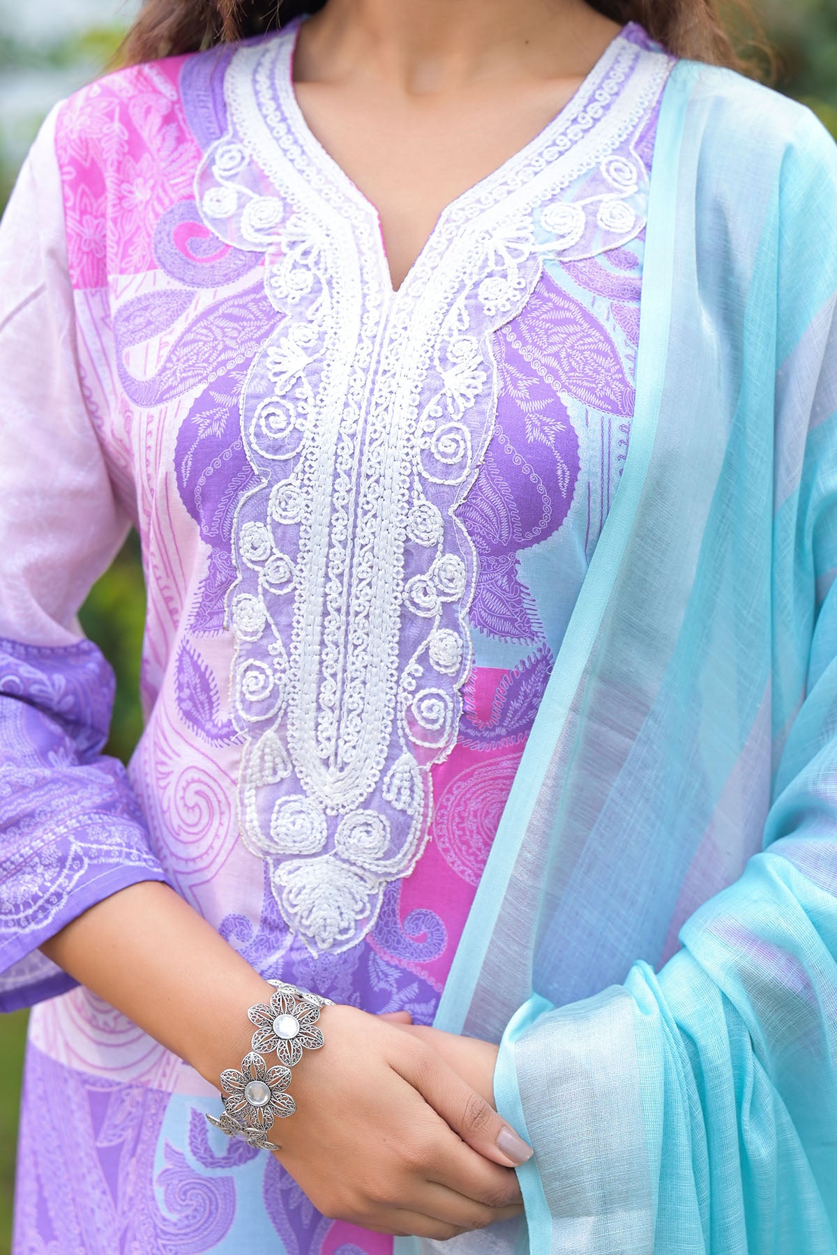 Blue Multicolor Cotton Embroidered Straight Suit