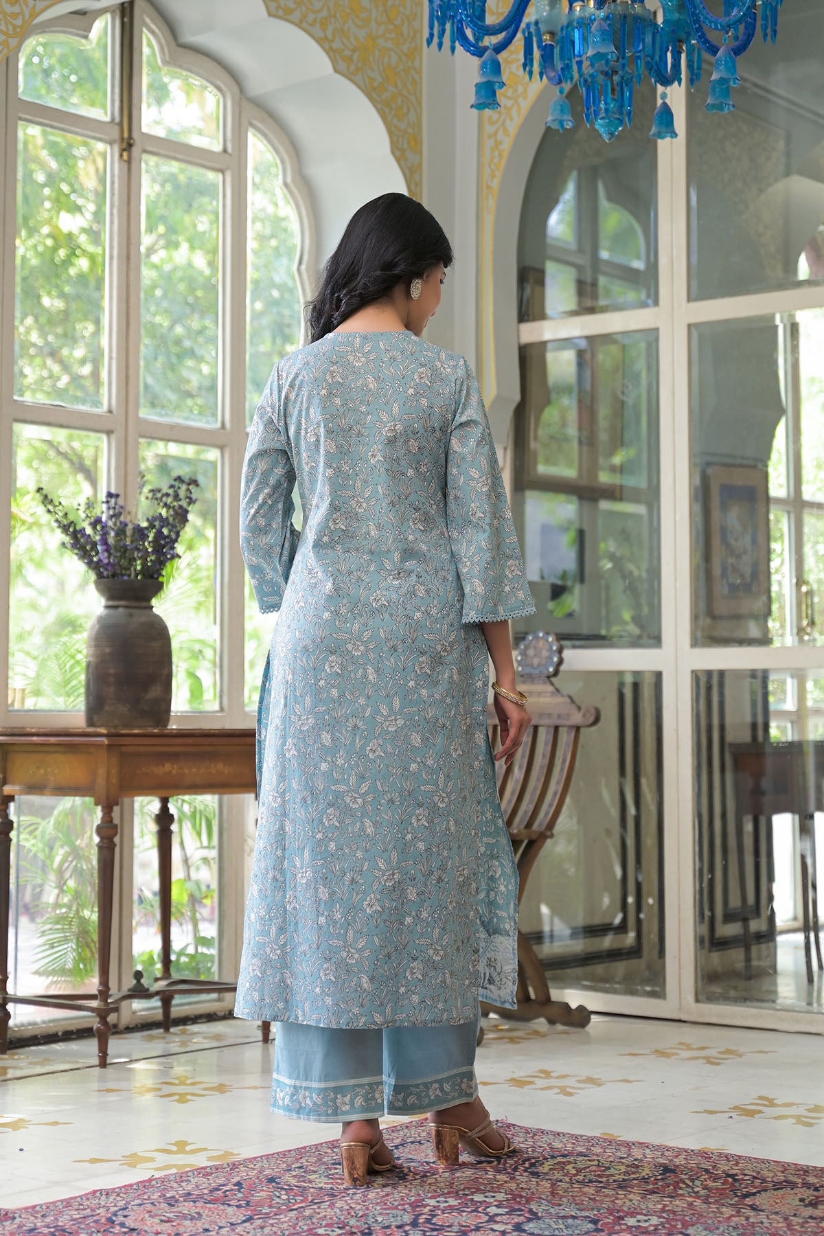 Blue Cotton Embroidered Straight-Cut Suit