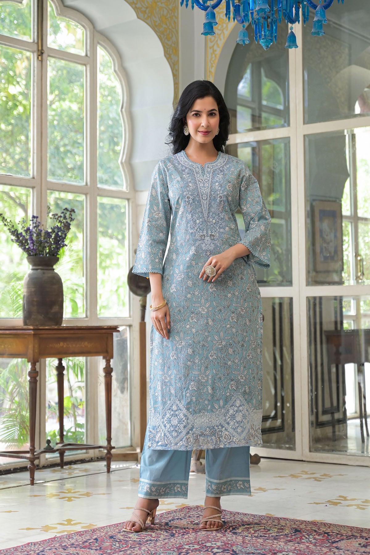 Blue Cotton Embroidered Straight-Cut Suit