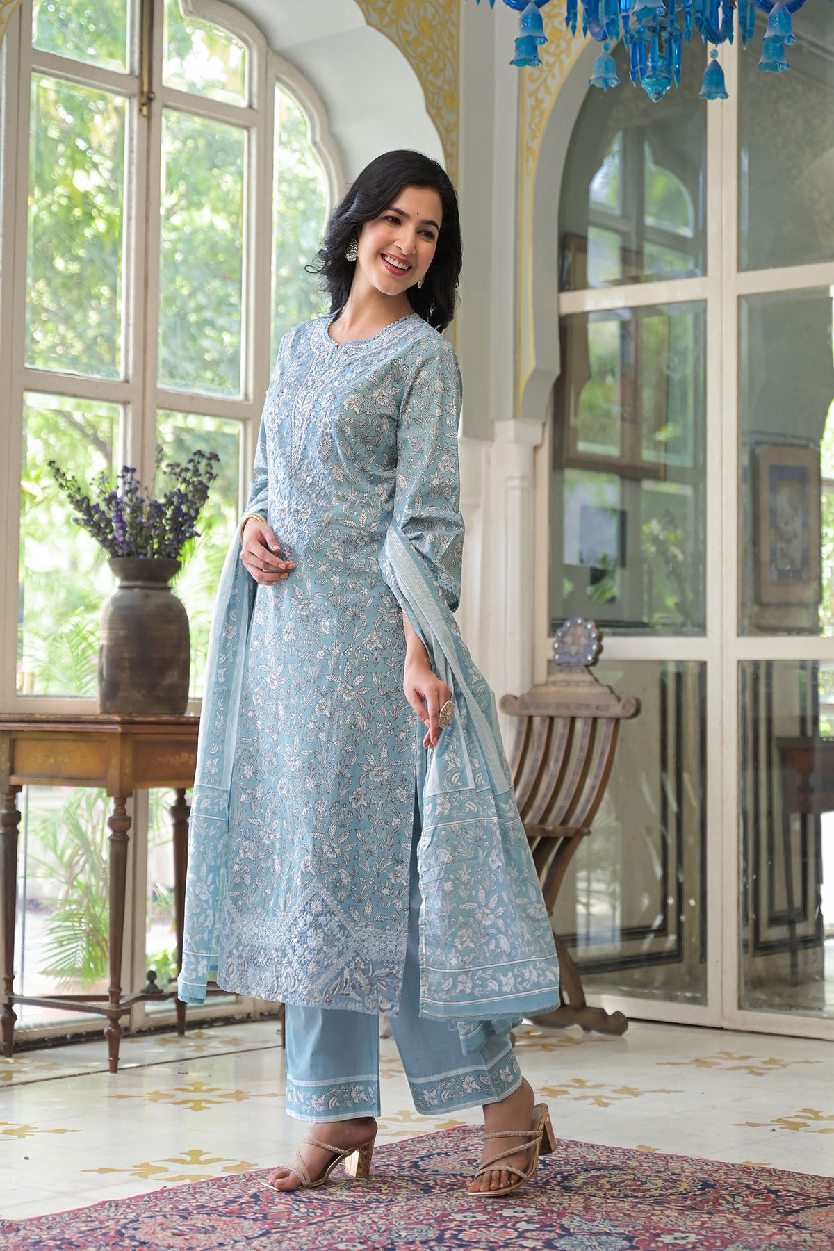 Blue Cotton Embroidered Straight-Cut Suit