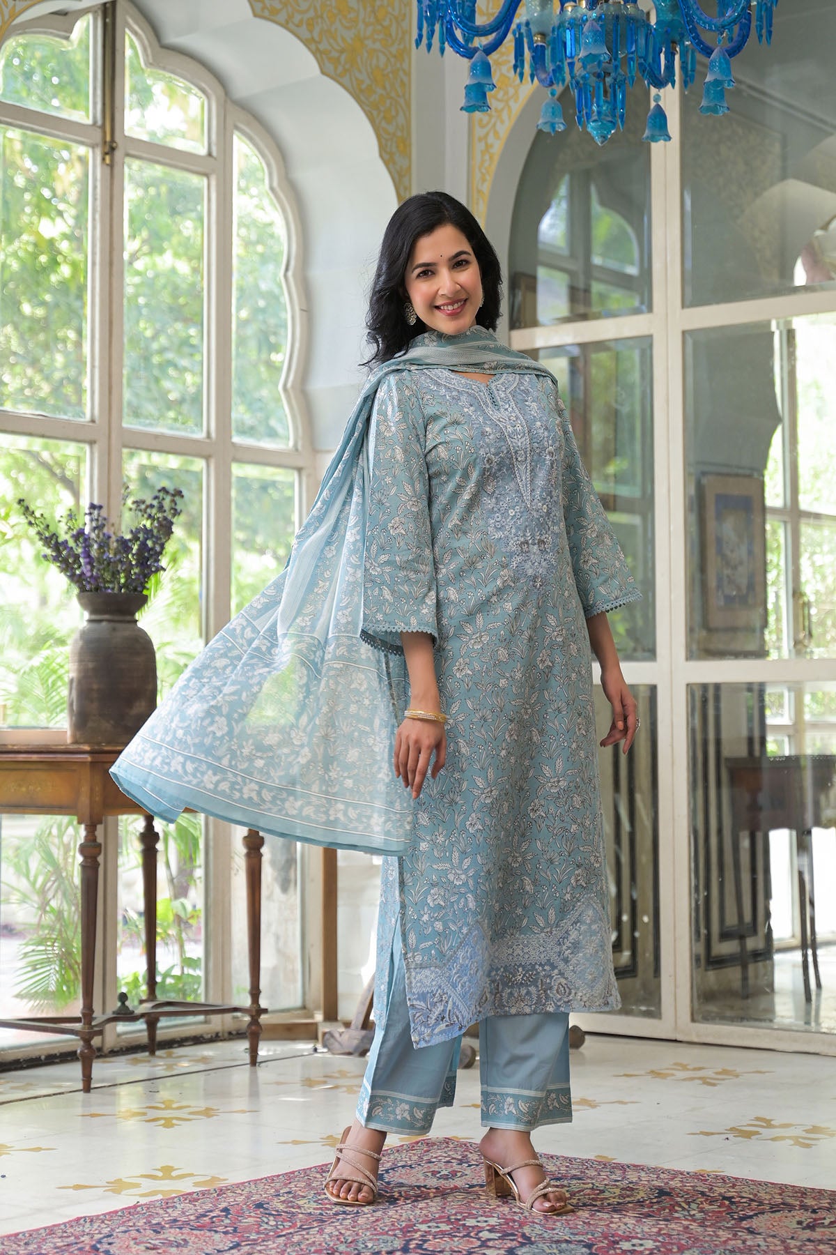 Blue Cotton Embroidered Straight-Cut Suit