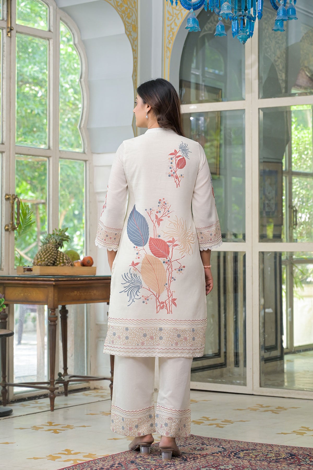 Cream & Blue Linen Printed Co-Ord Set