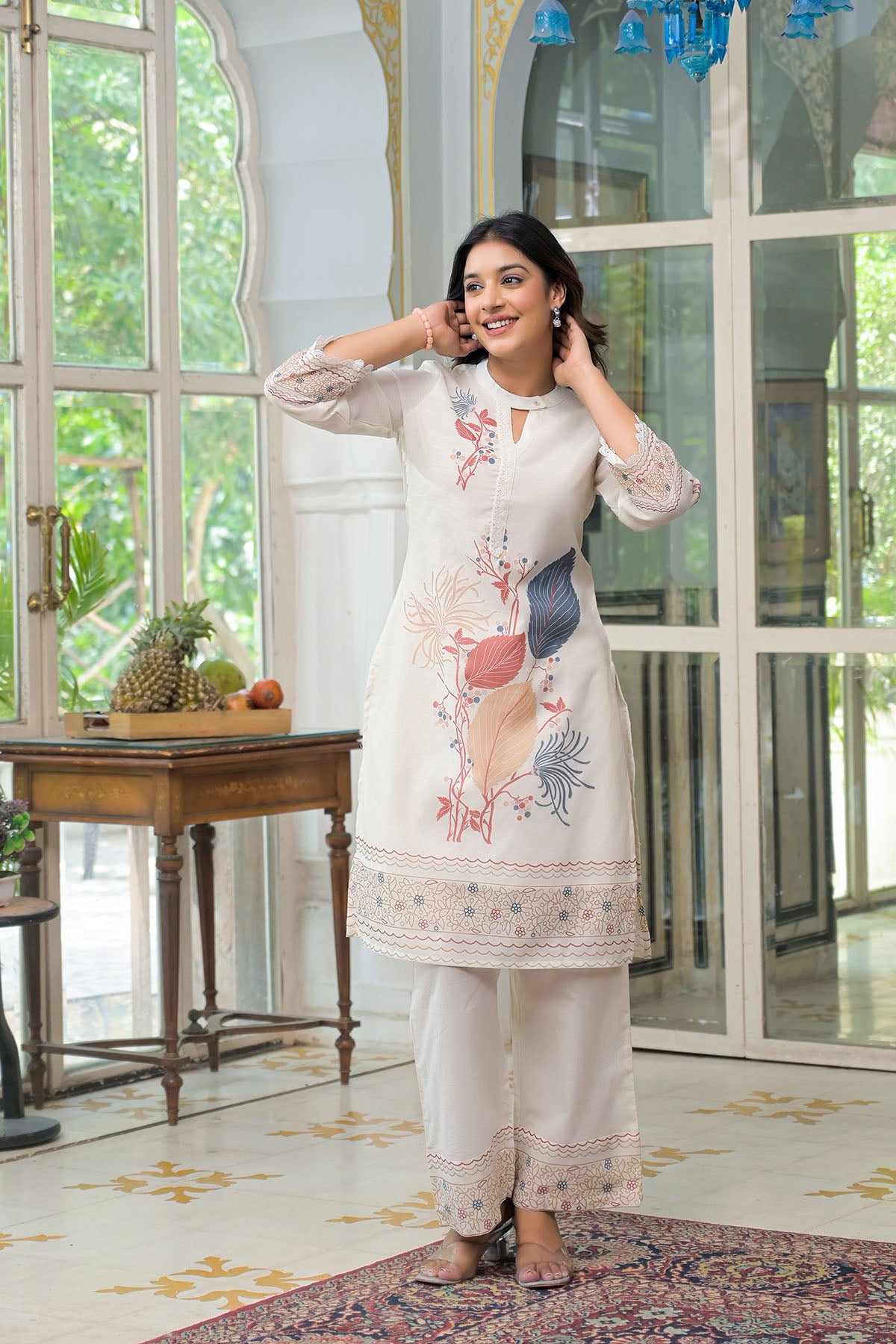 Cream & Blue Linen Printed Co-Ord Set