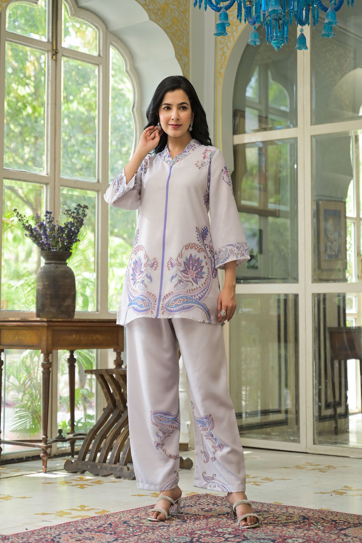 Grey Linen Printed Co-Ord Set