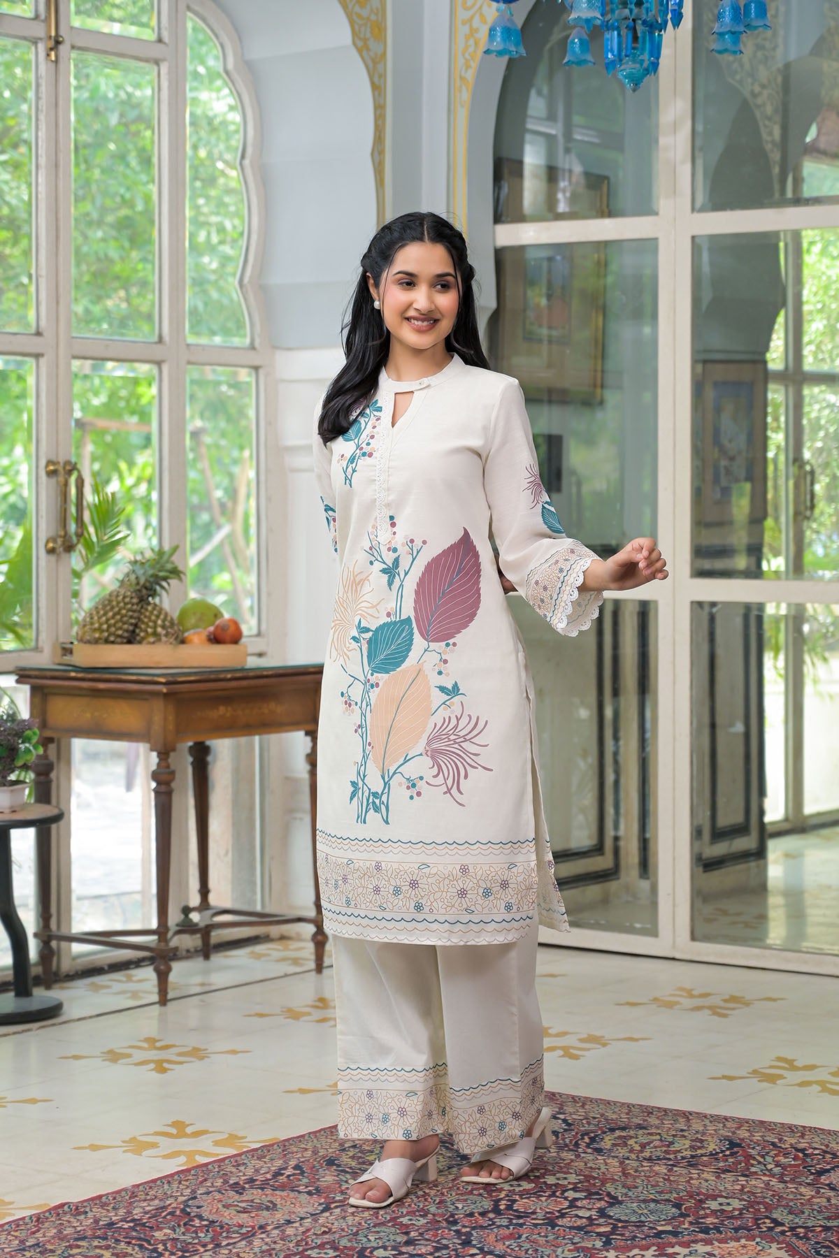 Cream & Turquoise Linen Printed Co-Ord Set