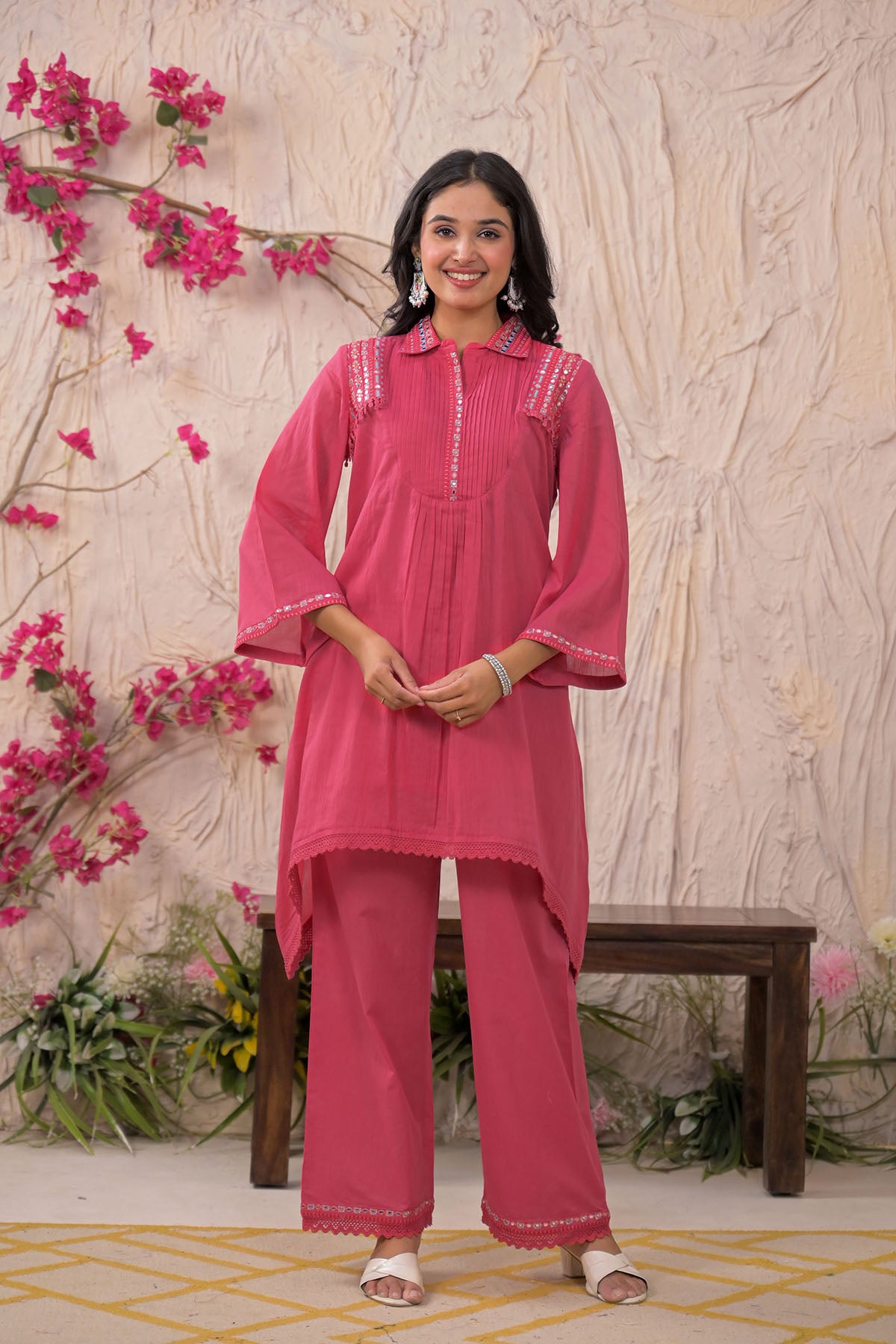 Pink Cotton Embroidered Co-Ord Set