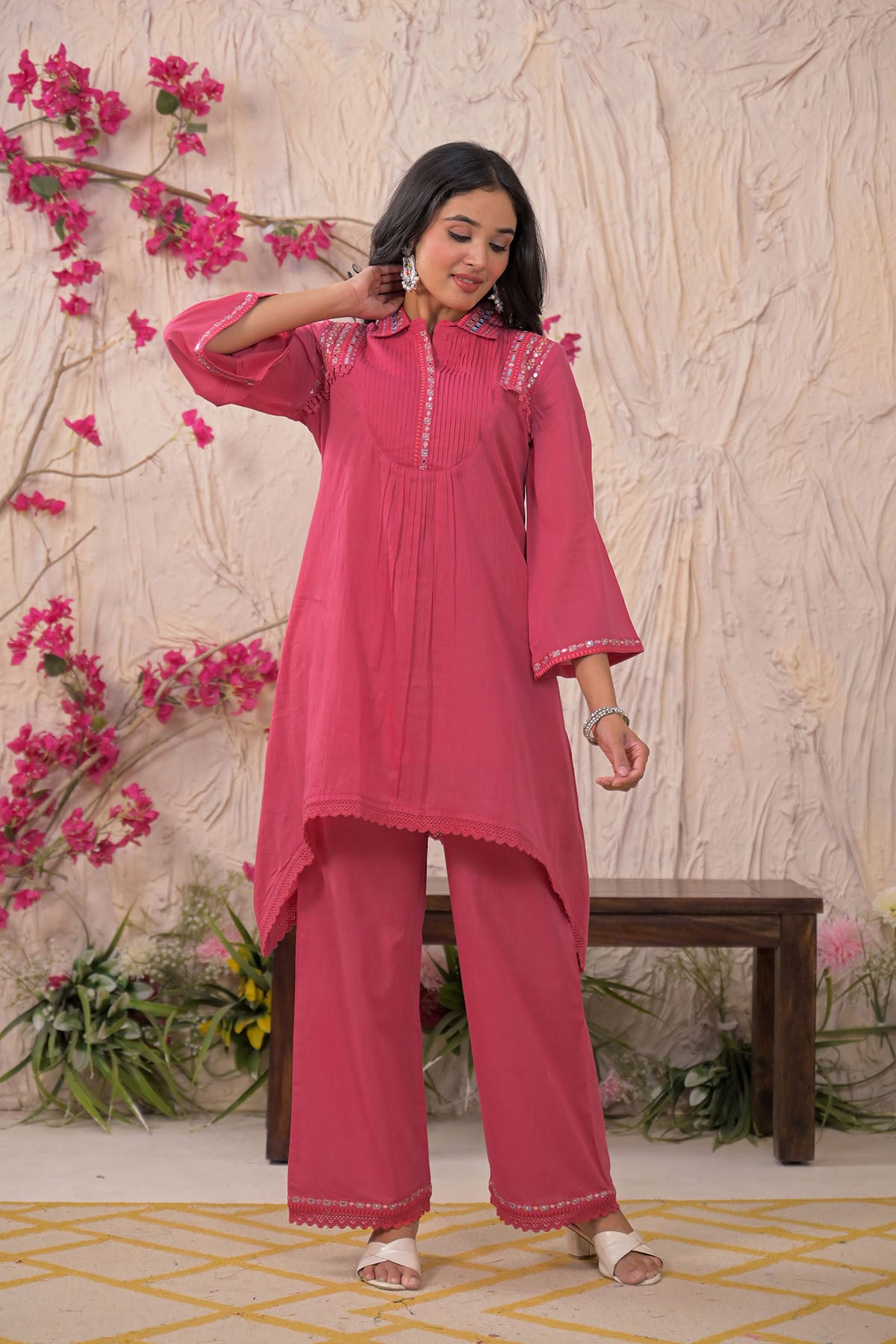 Pink Cotton Embroidered Co-Ord Set