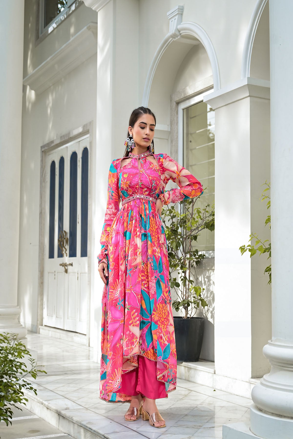 Pink Floral Chinon Handwork Anarkali Suit