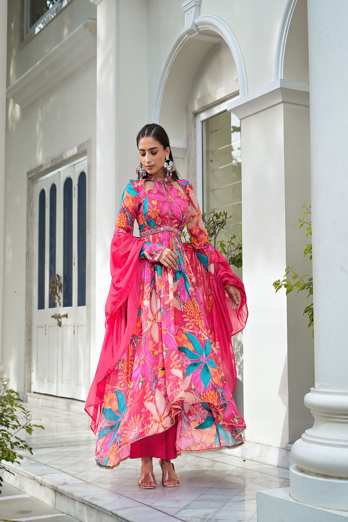 Pink Floral Chinon Handwork Anarkali Suit