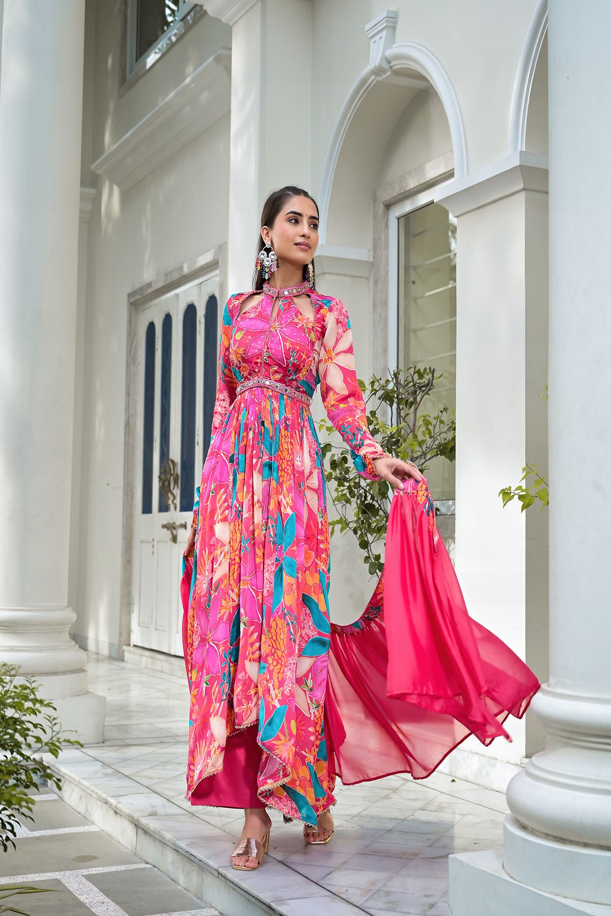 Pink Floral Chinon Handwork Anarkali Suit