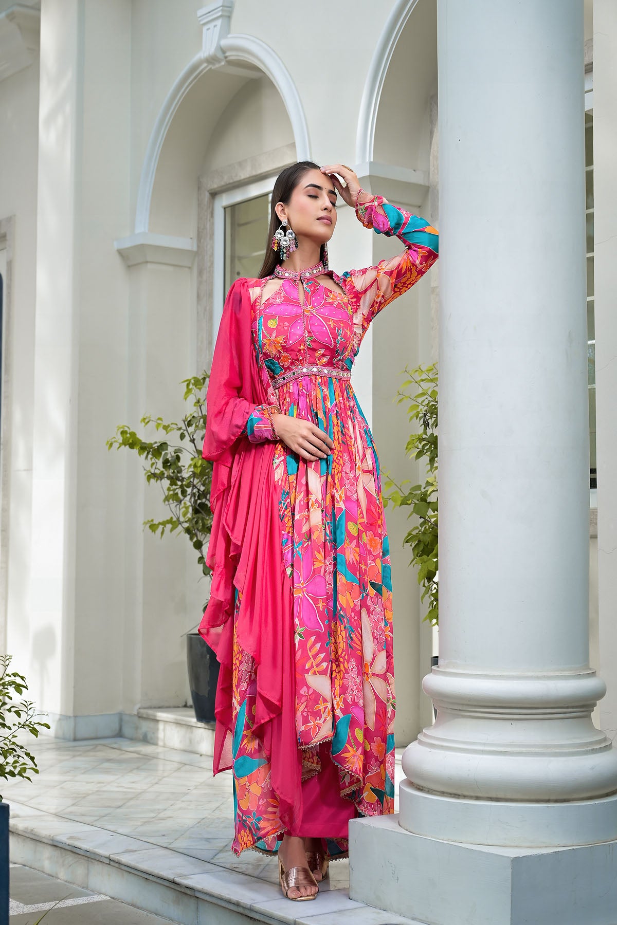 Pink Floral Chinon Handwork Anarkali Suit